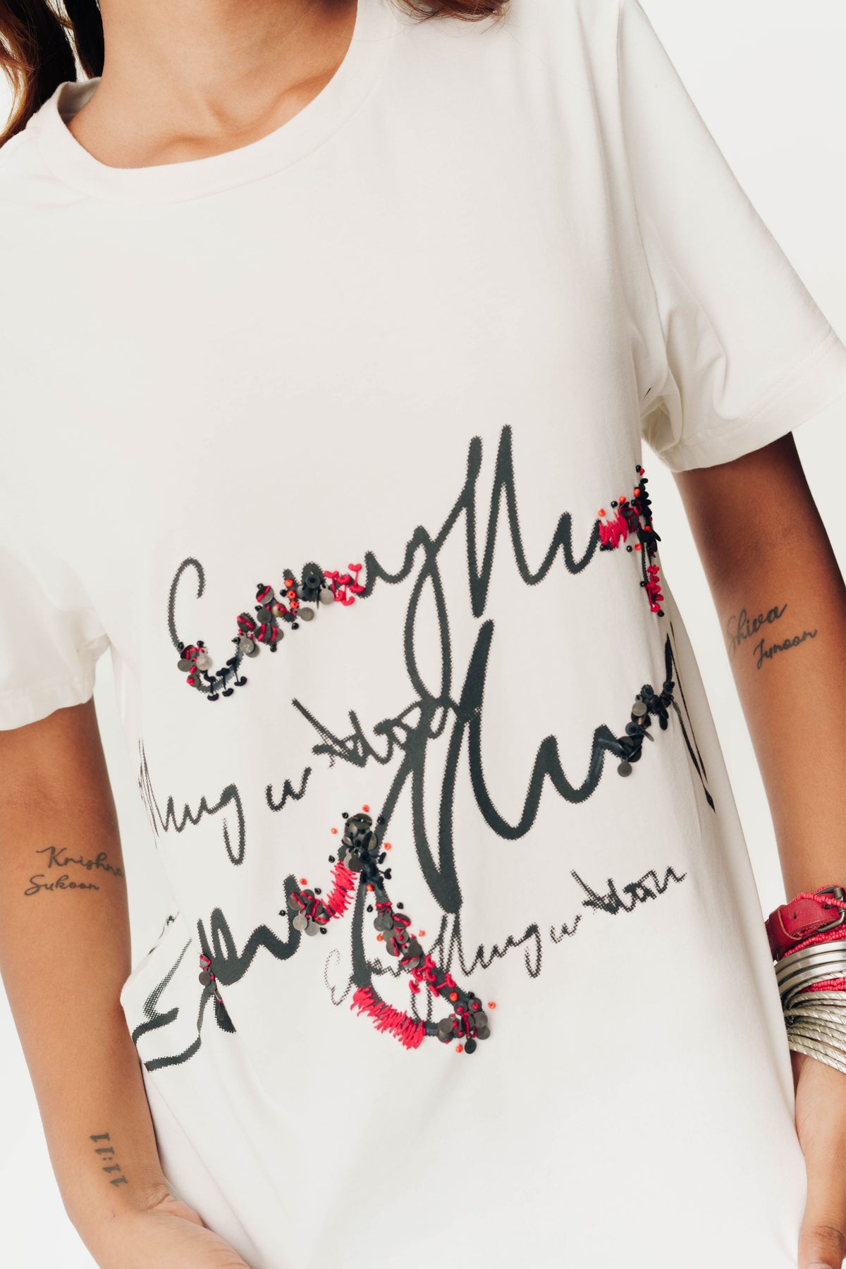 Printed &amp; Embroidered White T Shirt