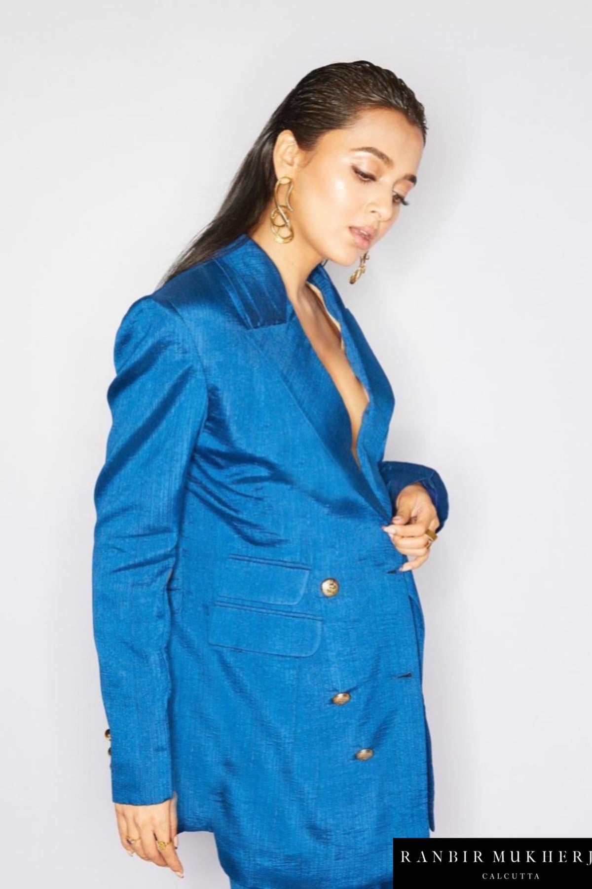 Dark blue nysa silk blazer set