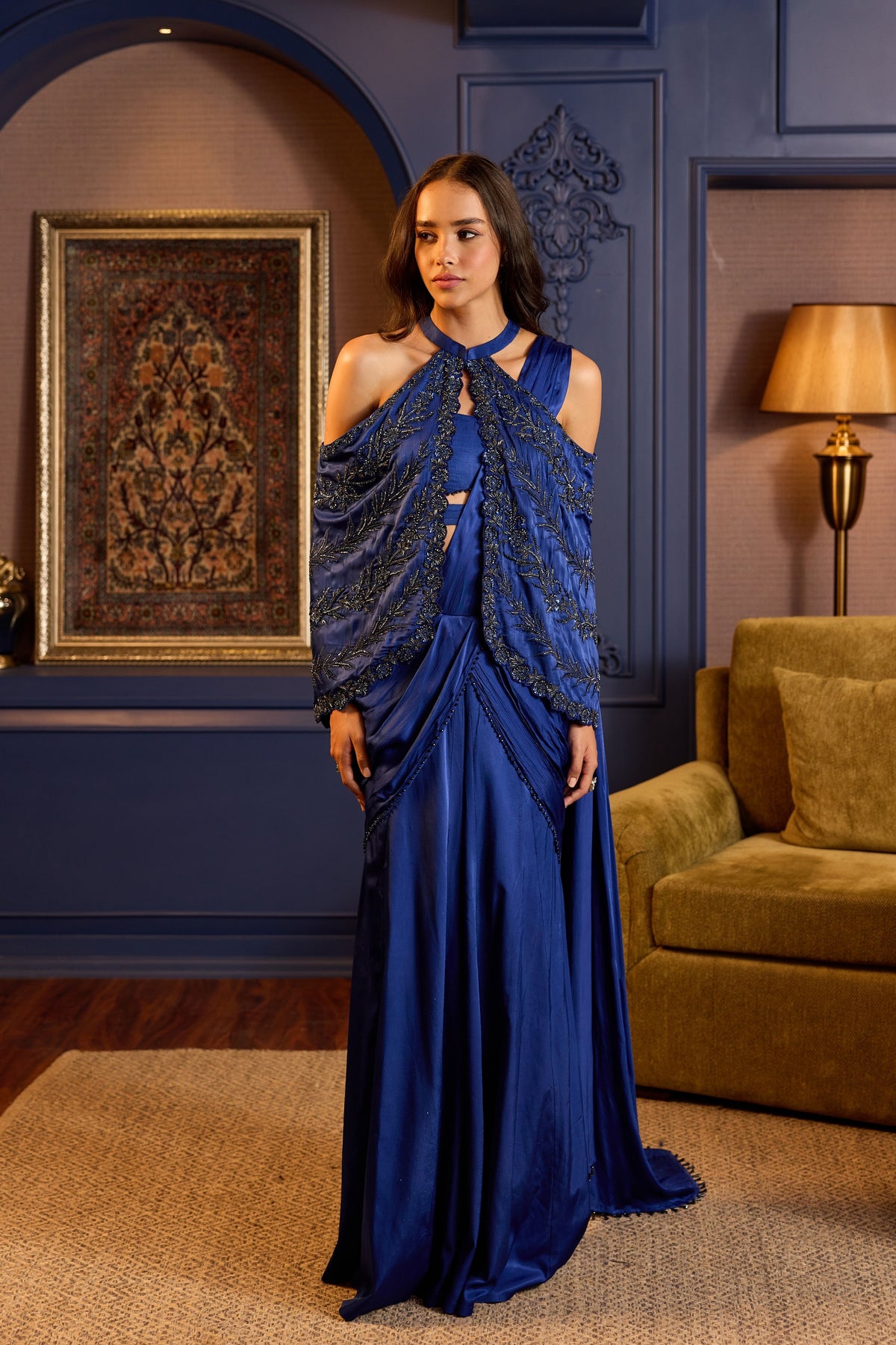 Breathtaking Blue Stitched Saree Ensemble