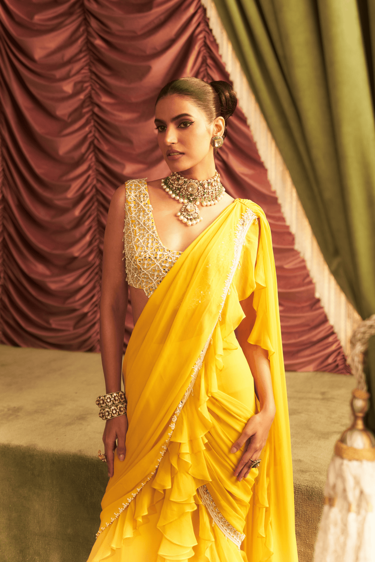 Yellow Ruffle Drape Saree Set