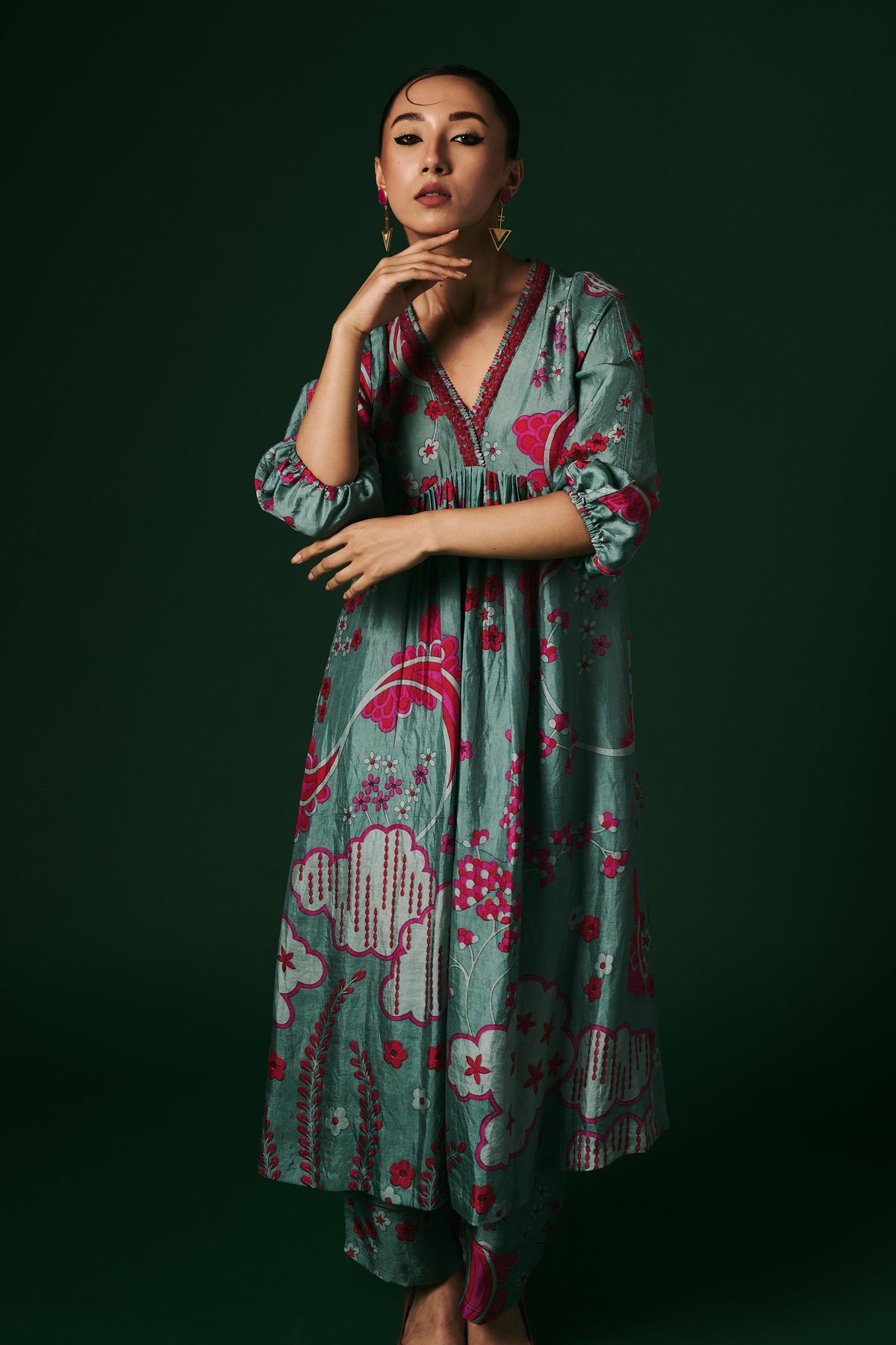 Kurta Set in Aqua Hand Printed