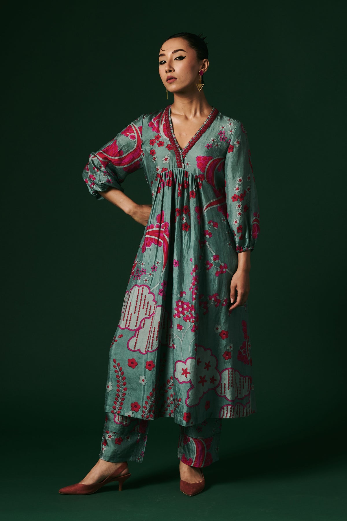 Kurta Set in Aqua Hand Printed