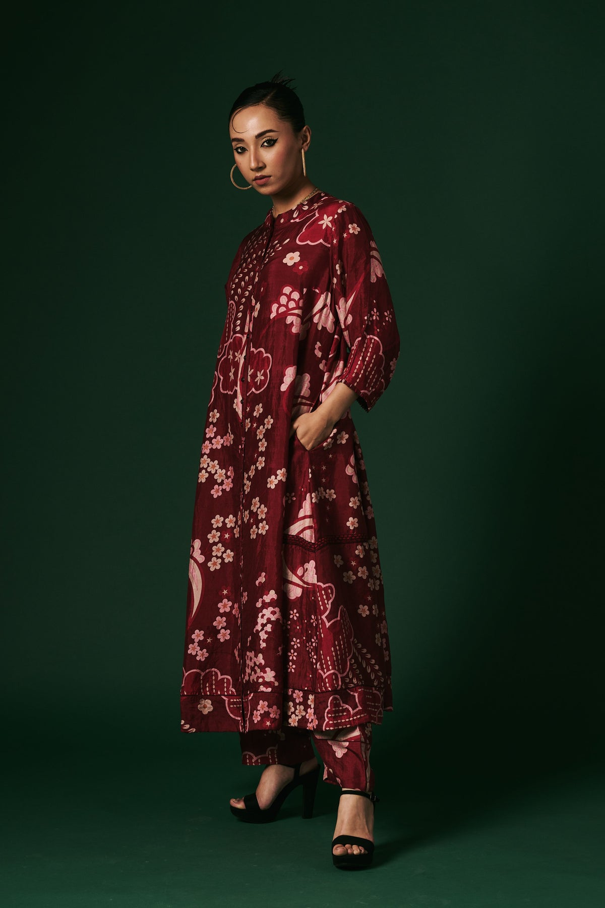 Deep Red Hand Printed Kurta Set