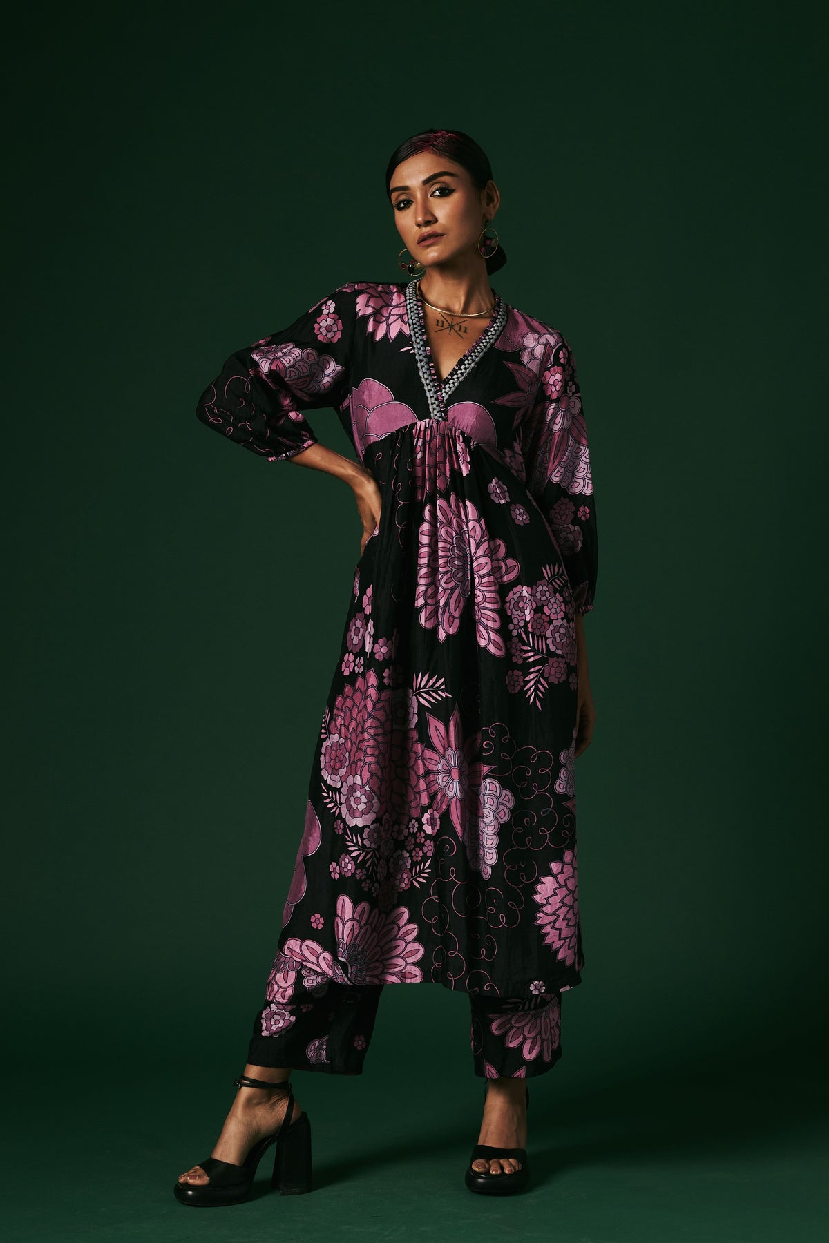 Charcoal and Pink Kurta Set