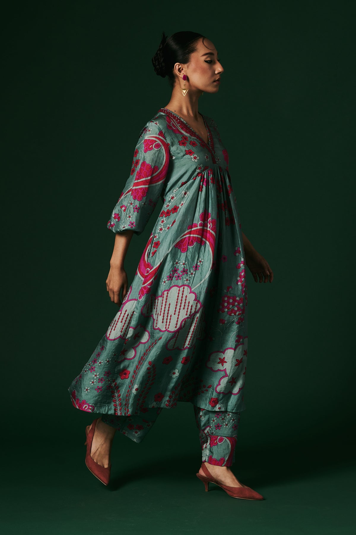 Kurta Set in Aqua Hand Printed