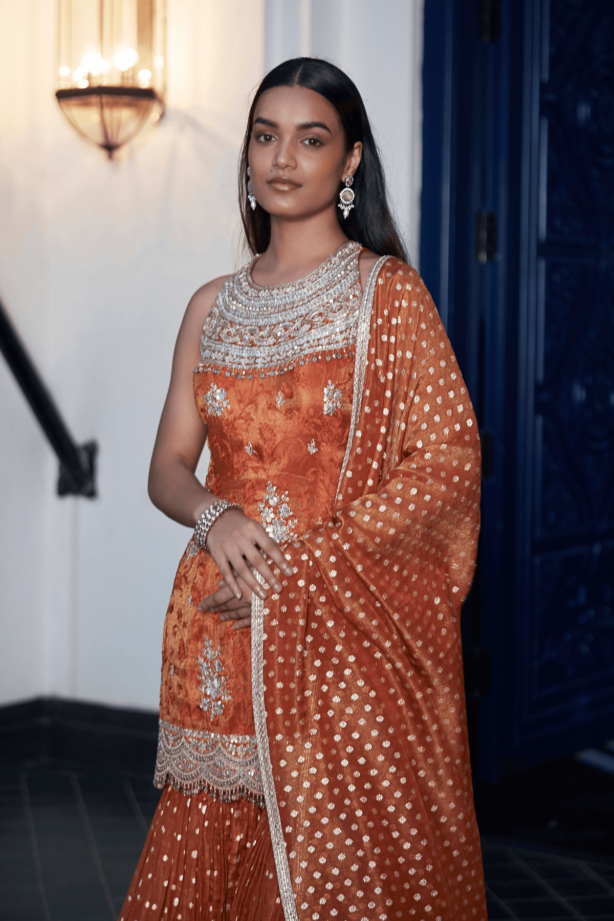 Rust Tissue Embroidered Sharara Set