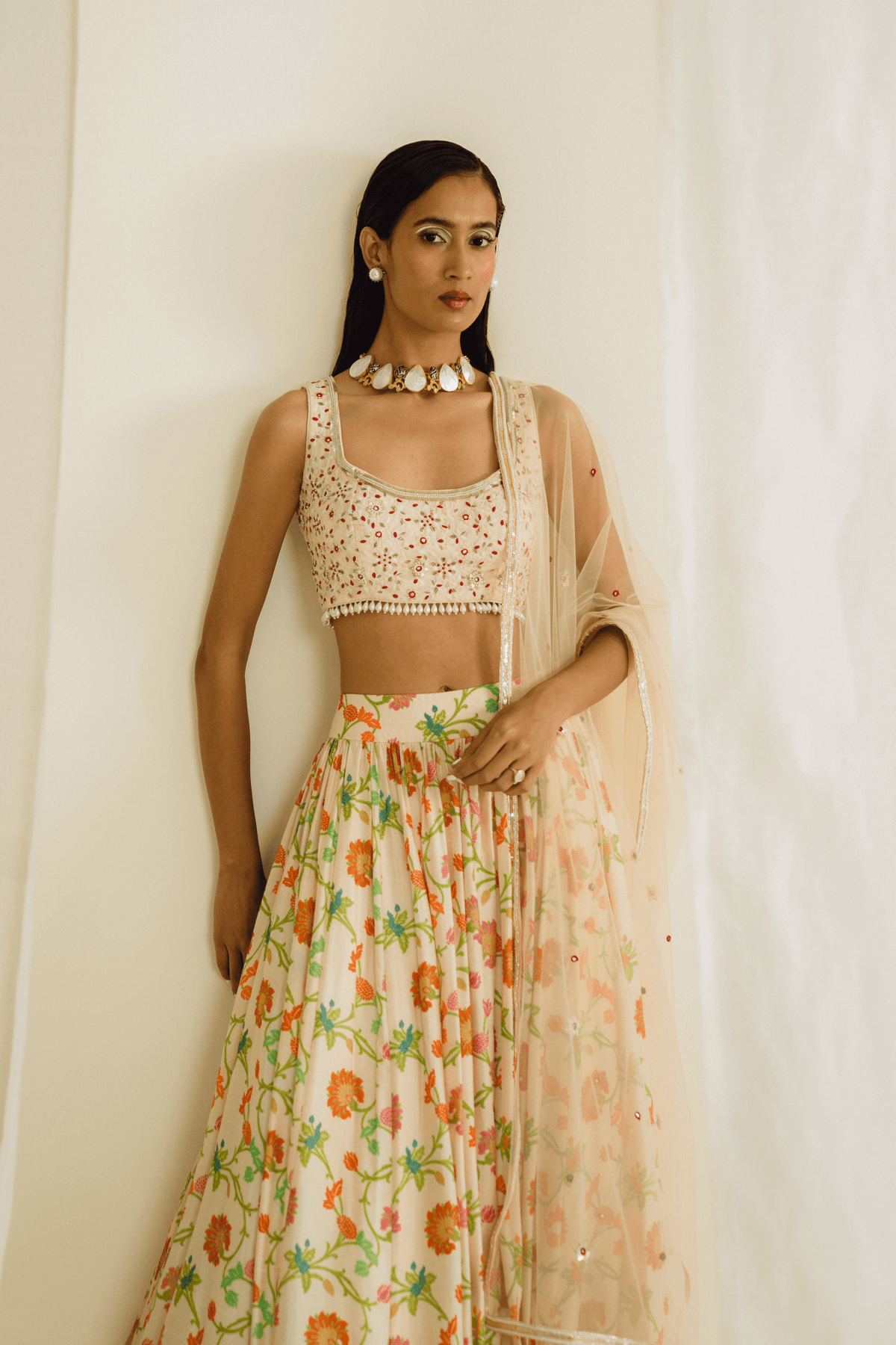 Navy Gathered Printed Lehenga Set