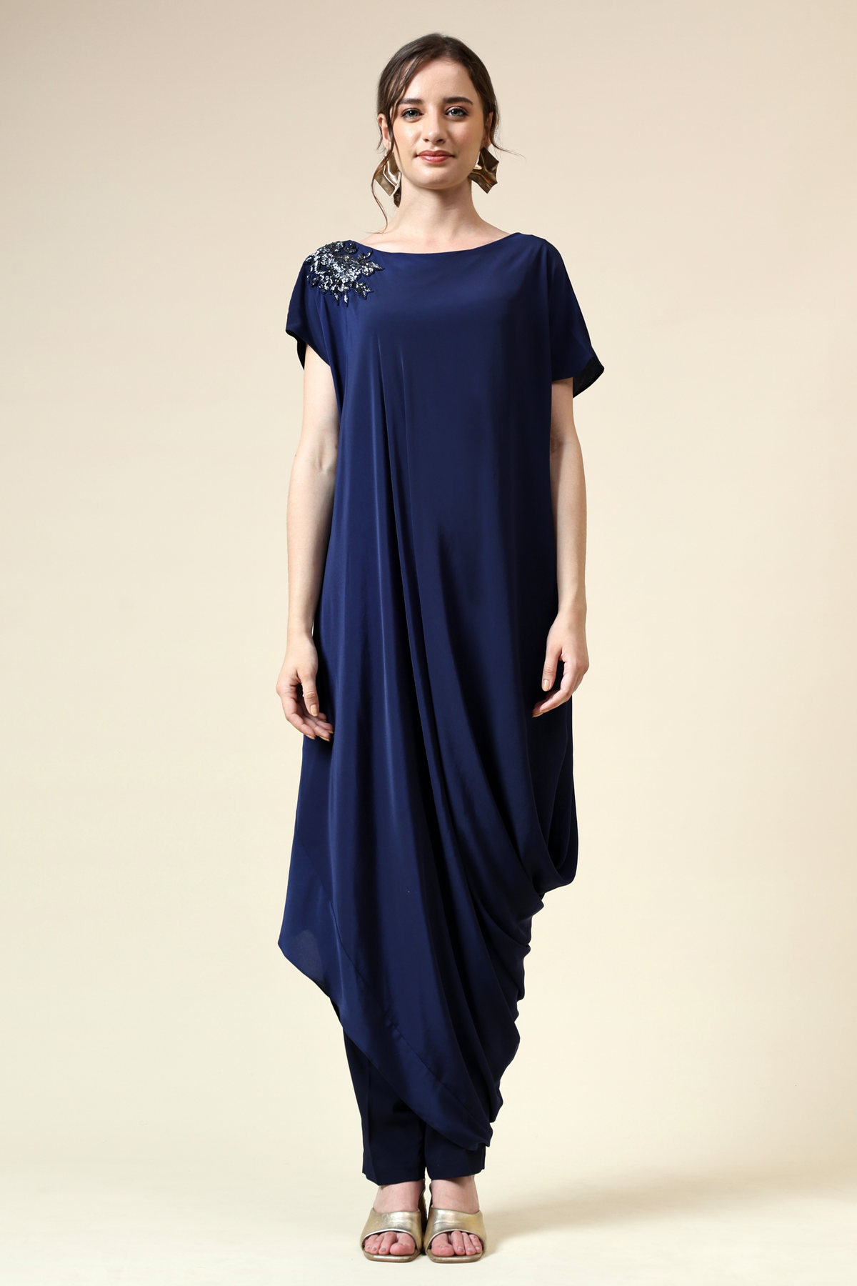 Navy Draped Tunic With Crystal Embellishment