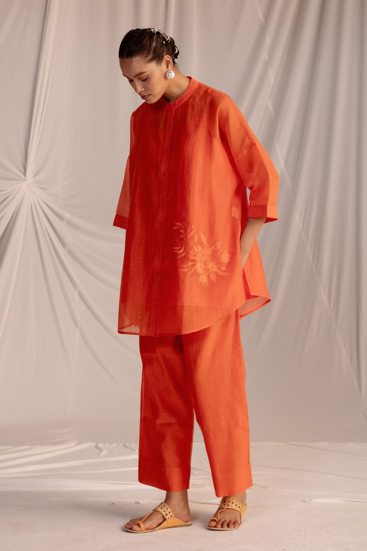 Rust Orange Embroidered Tunic Set