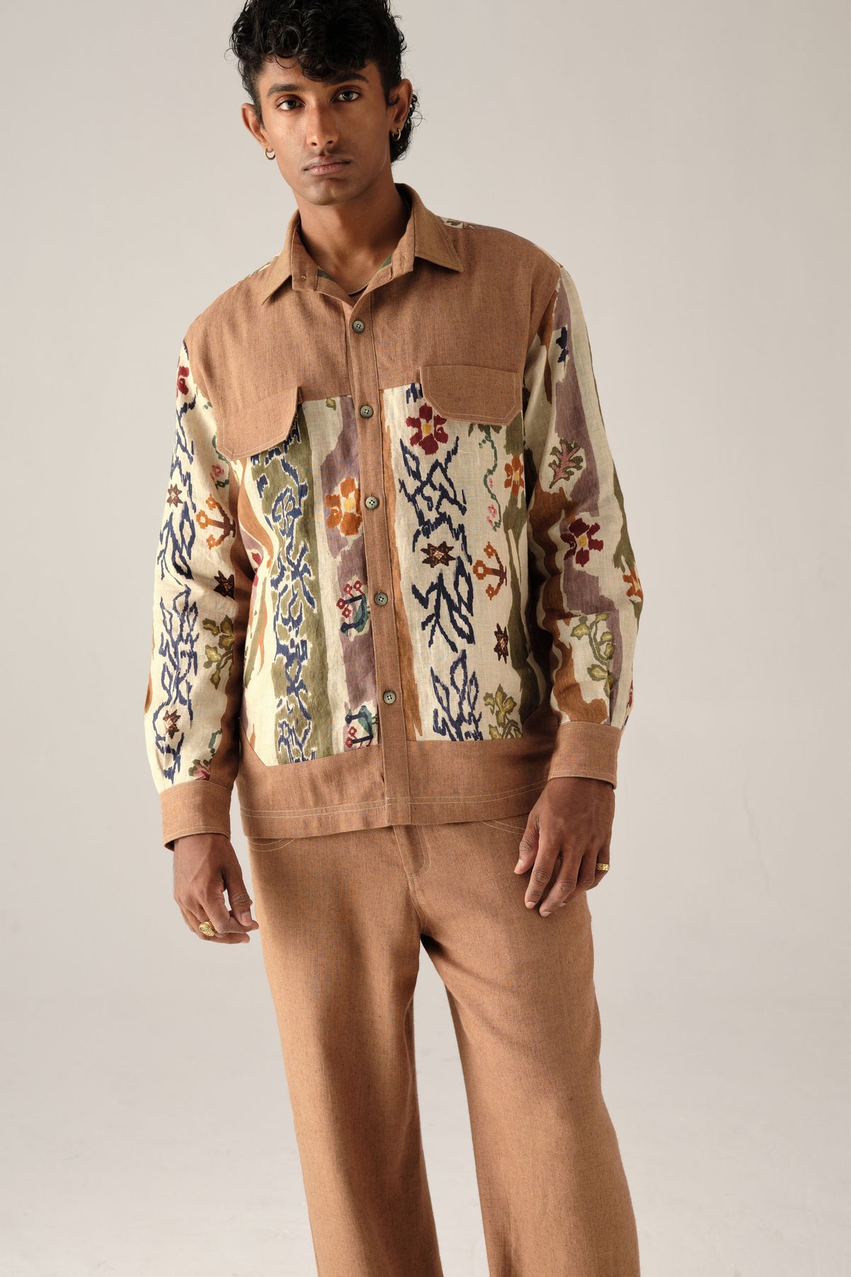 Brown Geometric Folk Print Retro Shacket