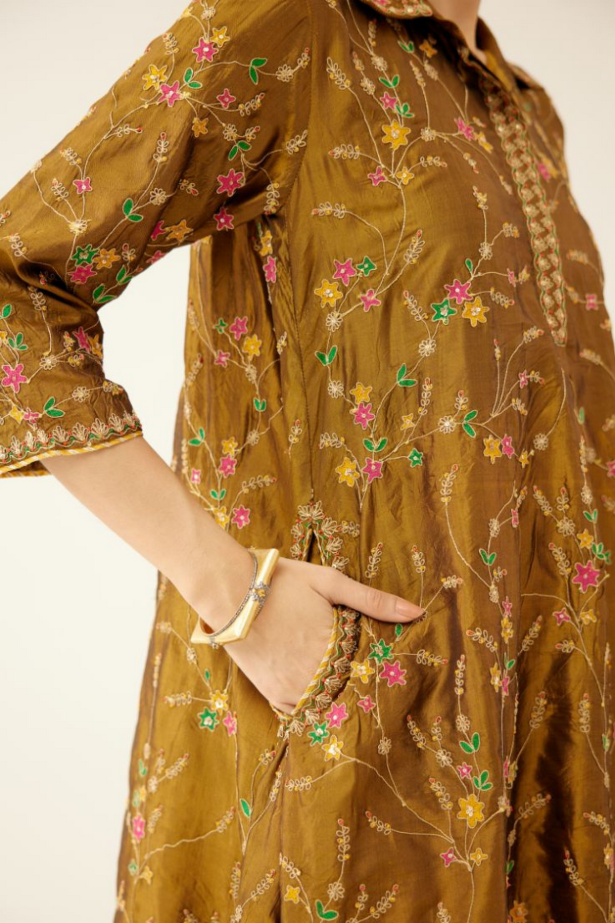 Golden Olive A-line Short Silk Kurta Set