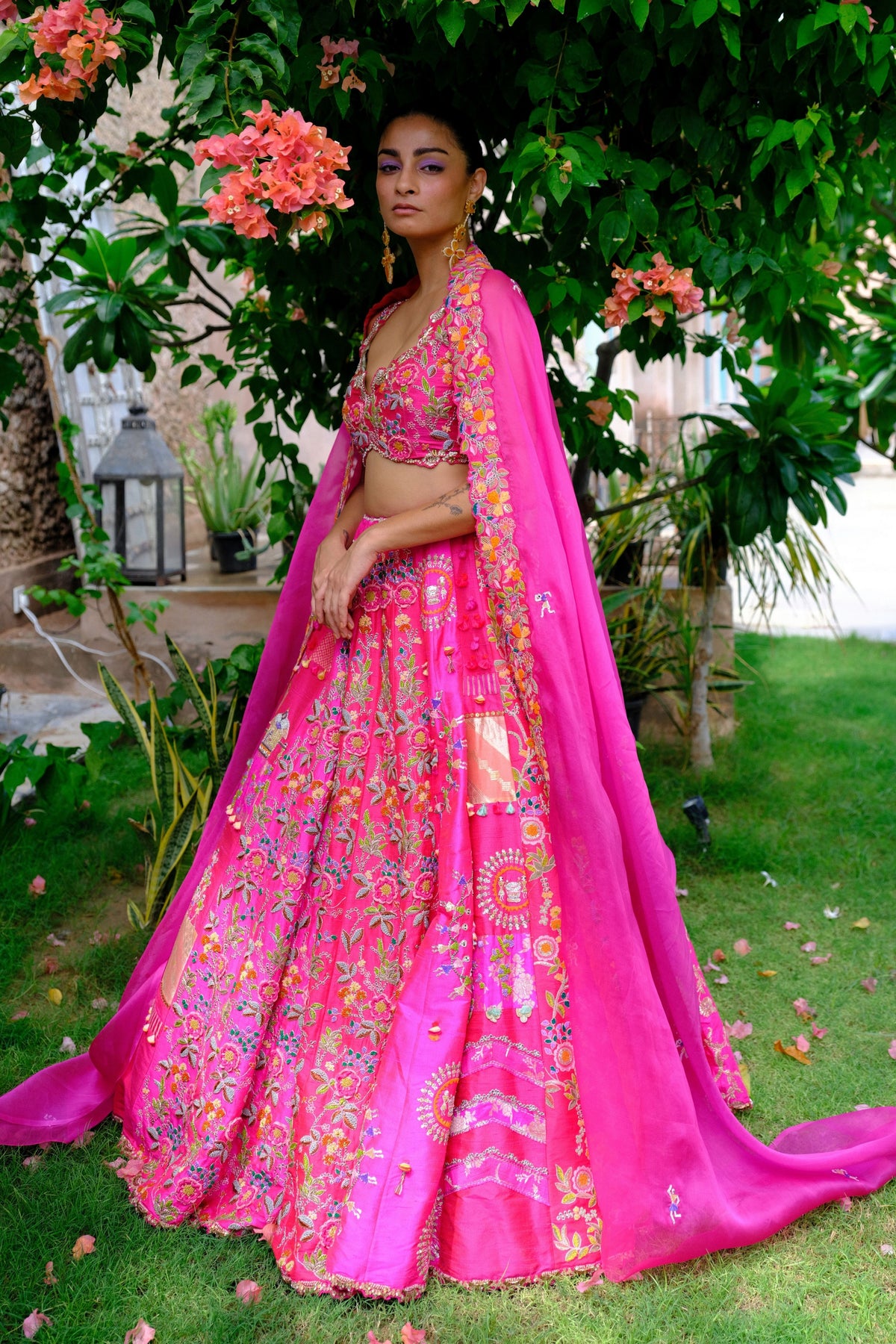 Fuchsia Floral Silk Lehenga Set