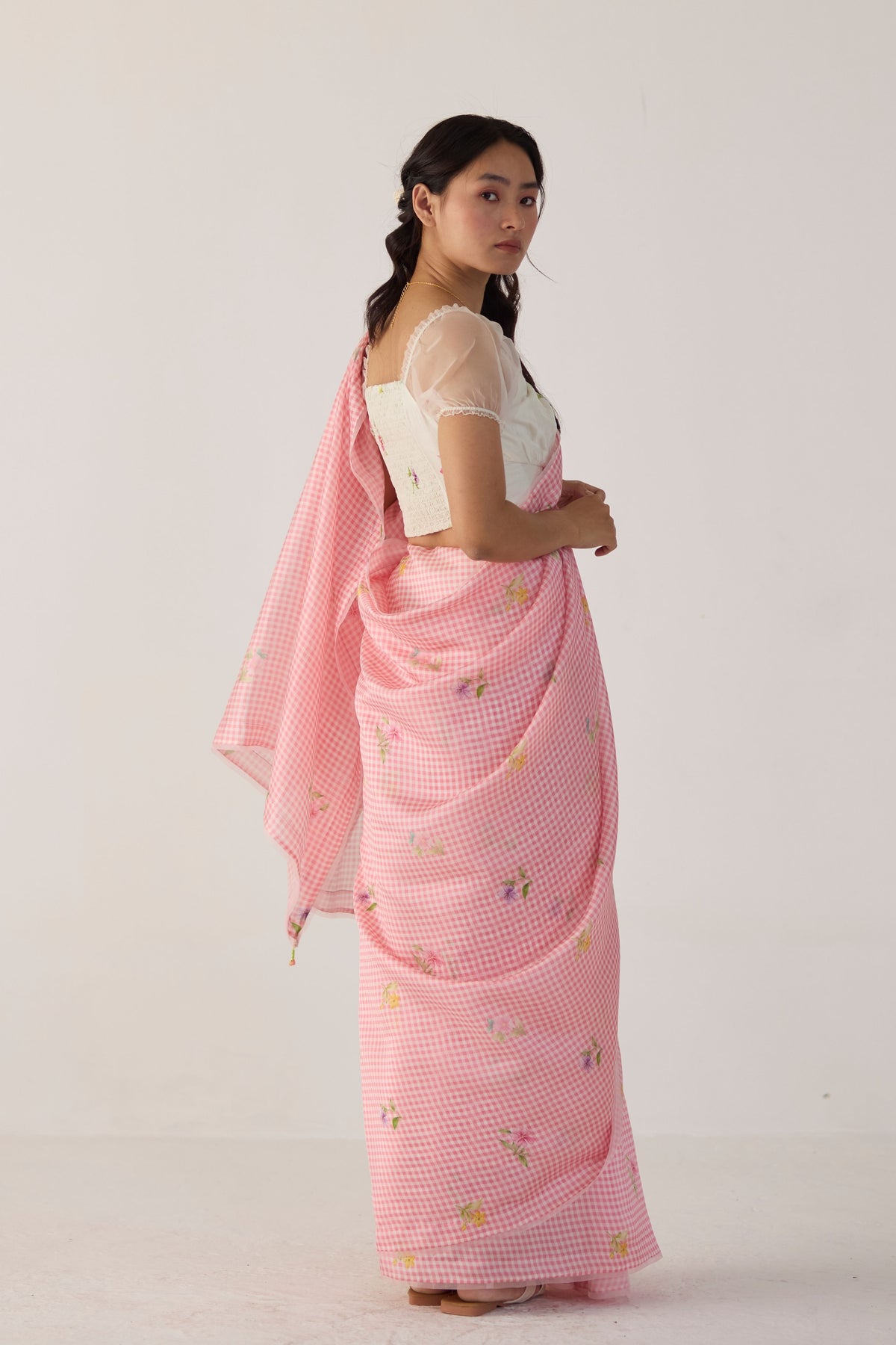 Pink Serene Meadow Mulberry Organza Silk Sari