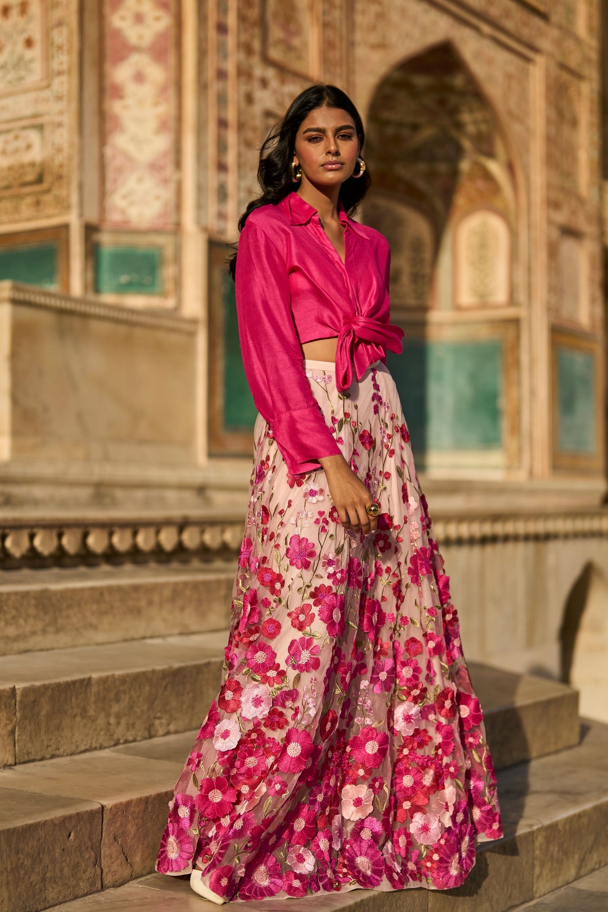 Pink 3d Floral Lehenga Set