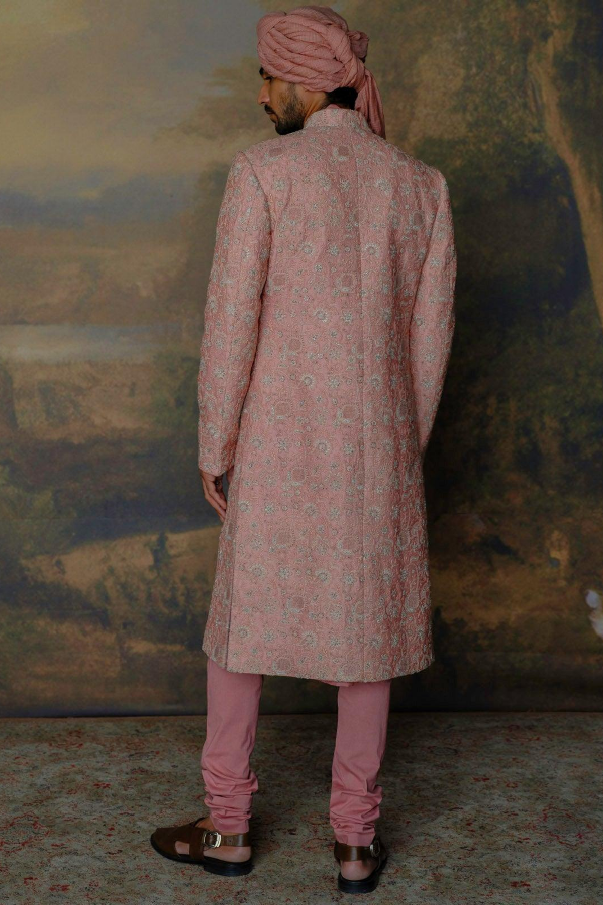 Peach Sherwani Set With Pagdi