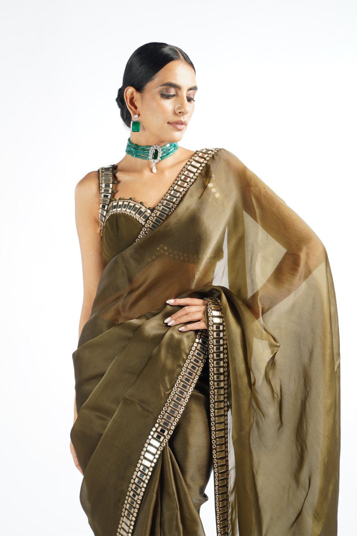 Olive Green Mirror Work Saree Set