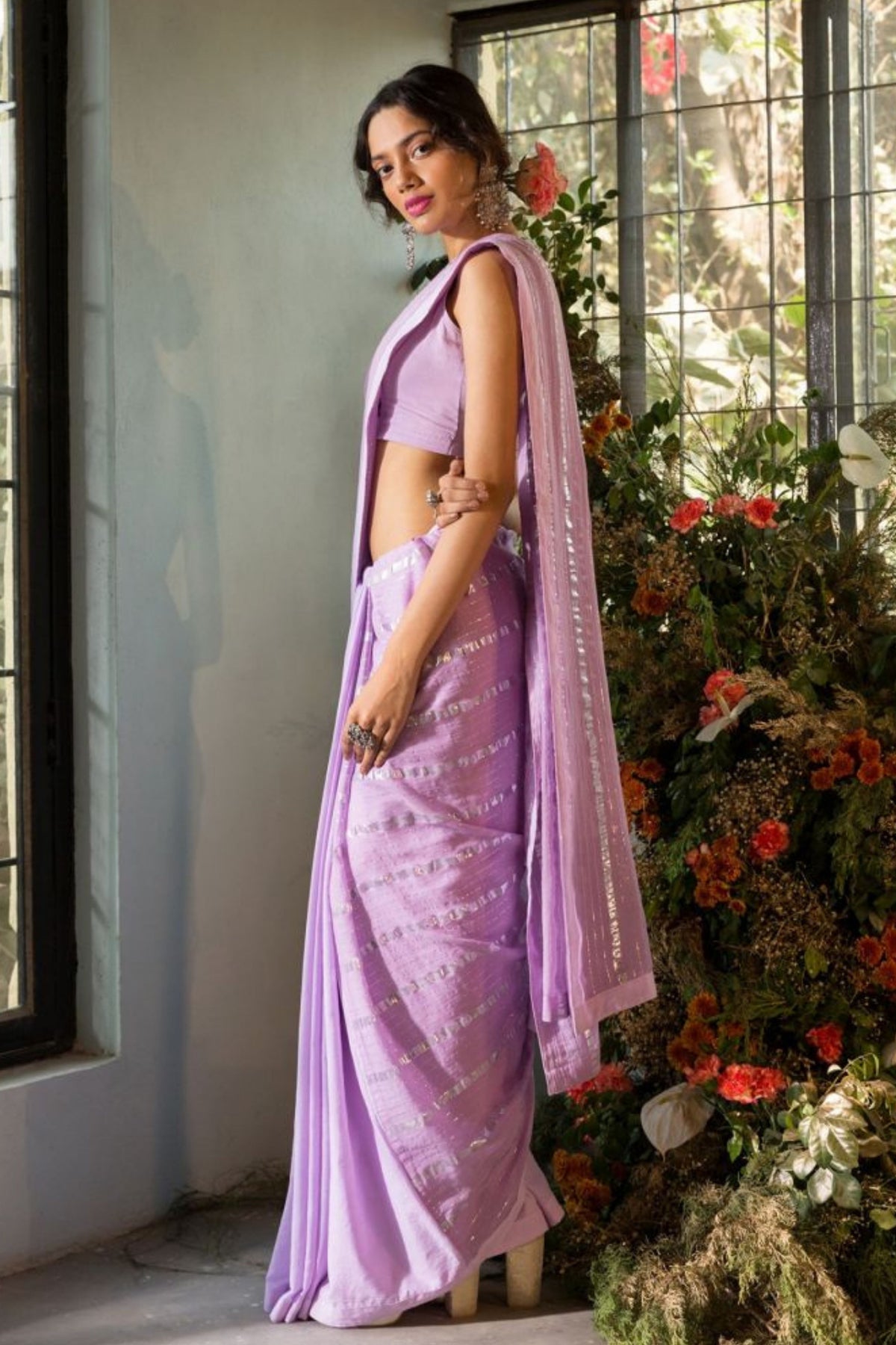 Lavender Stripes Saree Set