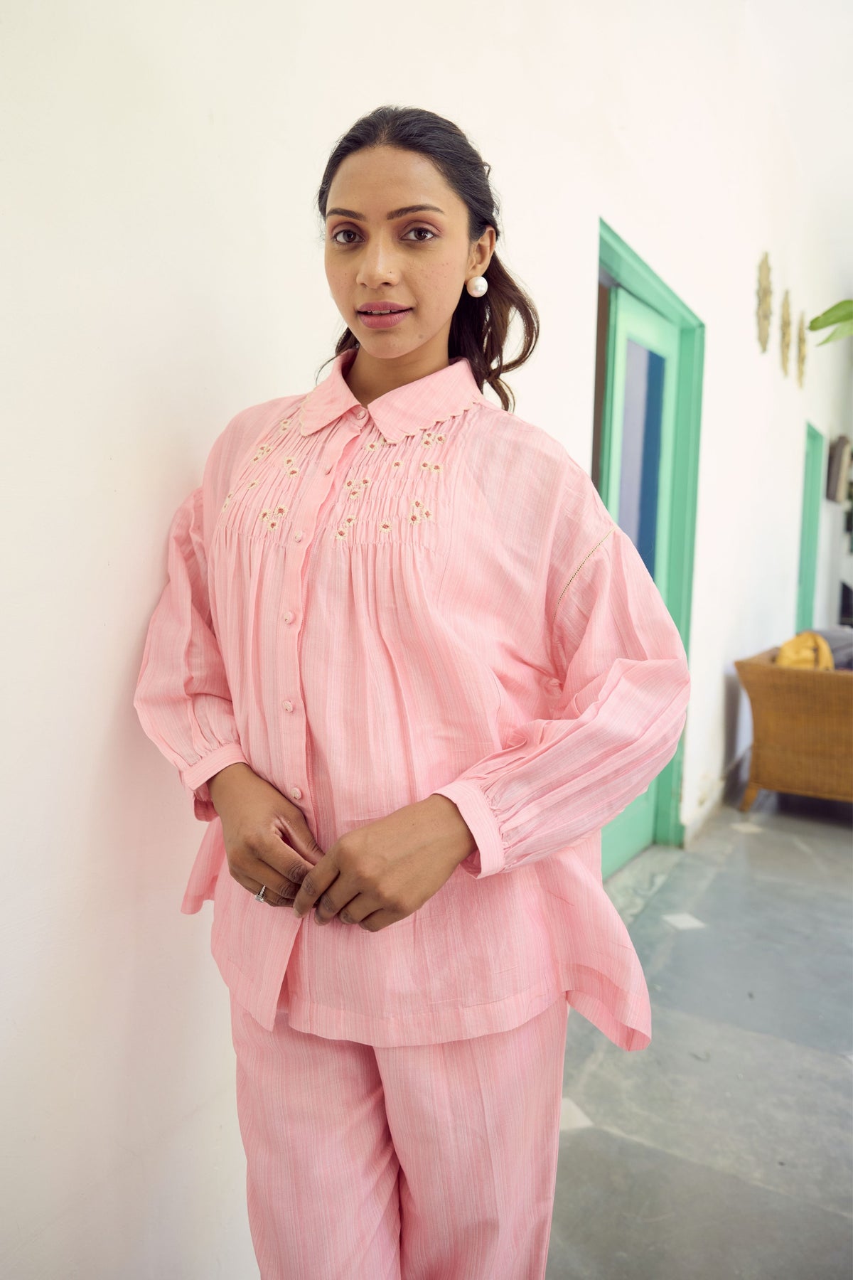 Pink Smocked Embroidered Shirt