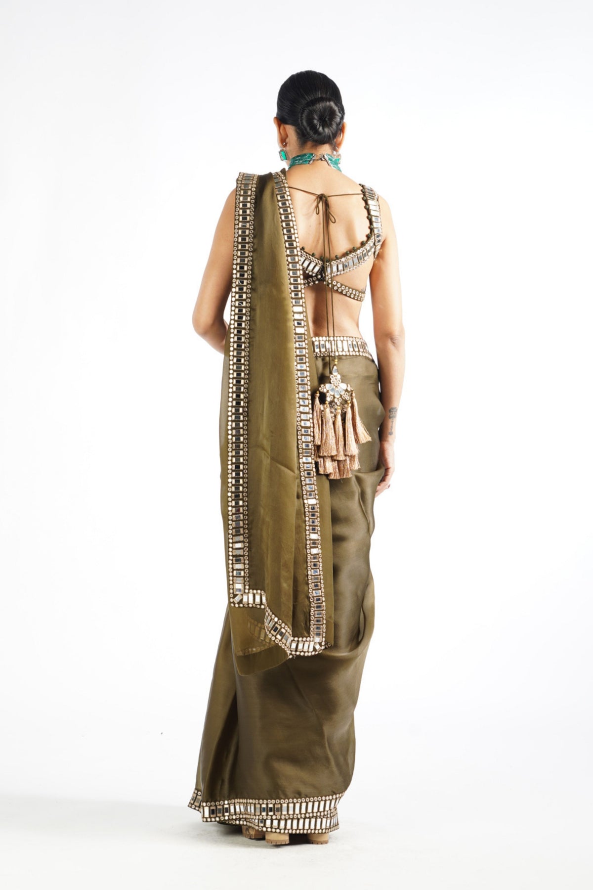 Olive Green Mirror Work Saree Set