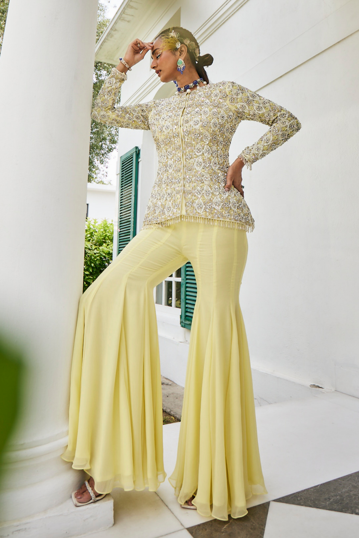 Yellow Embroidered Jacket Sharara Set