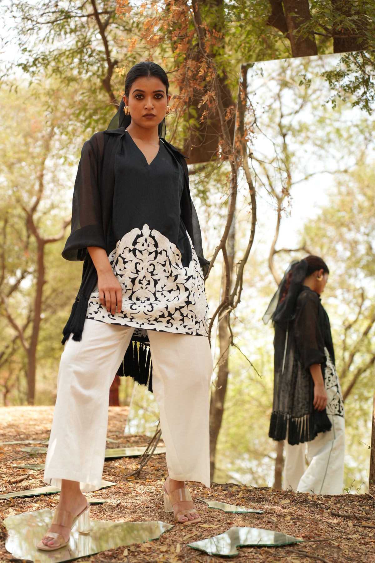 Black Embroidered Kurta With White Pants