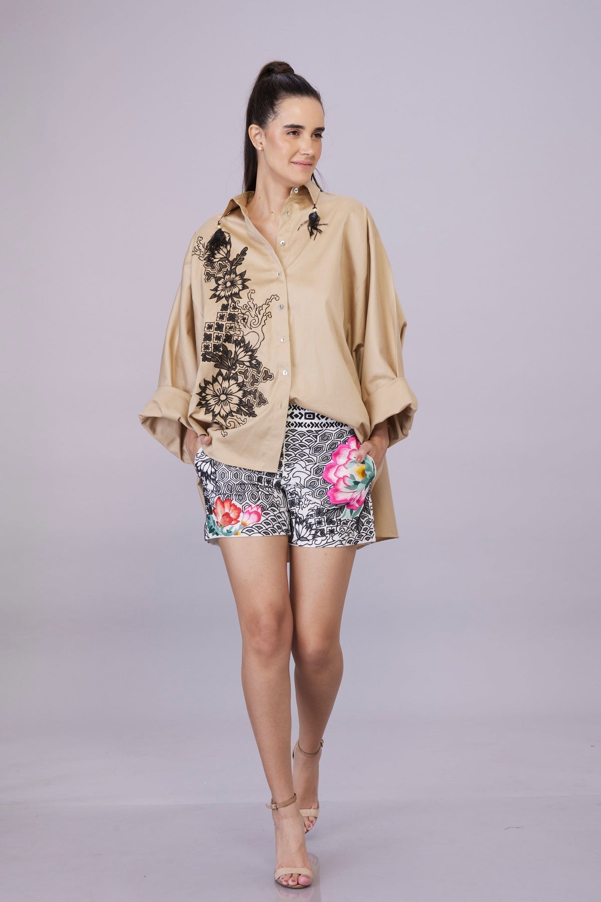 Khaki Batwing Embroidery Shirt