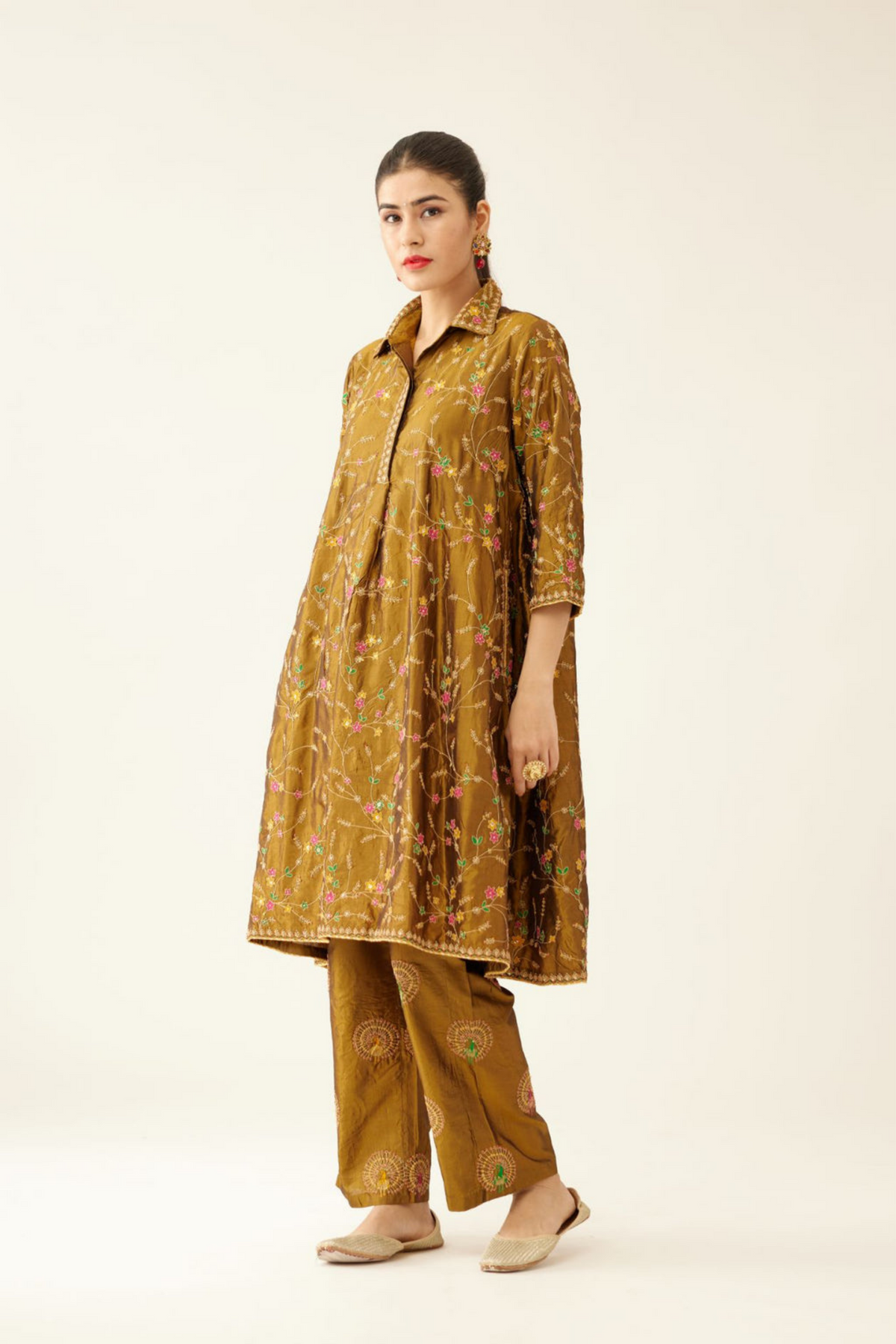 Golden Olive A-line Short Silk Kurta Set