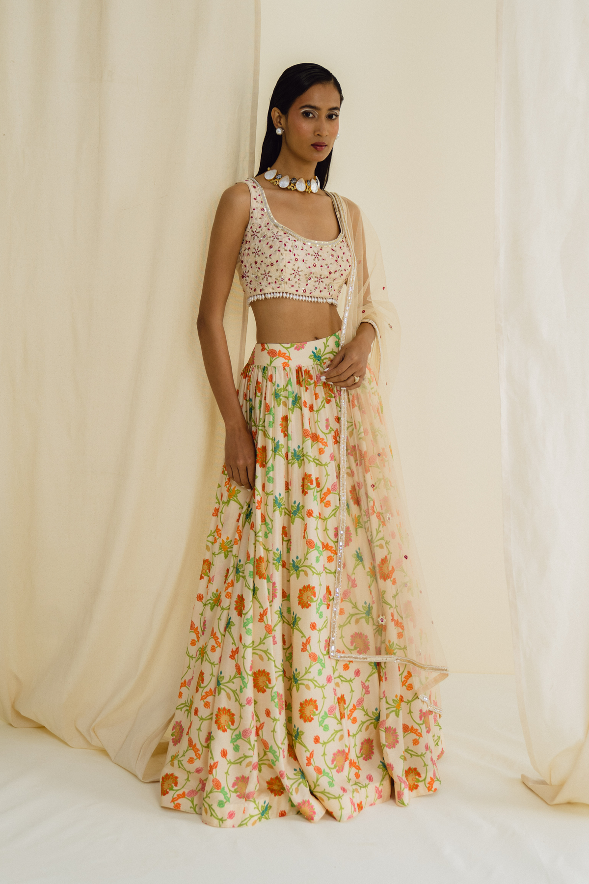 Navy Gathered Printed Lehenga Set