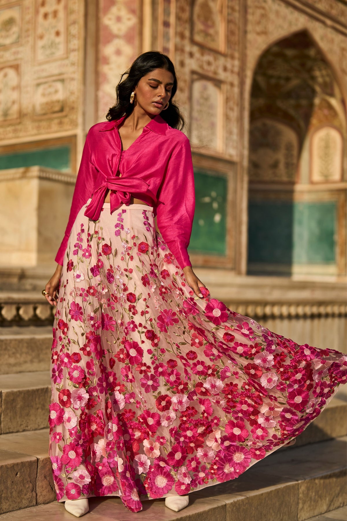 Pink 3d Floral Lehenga Set