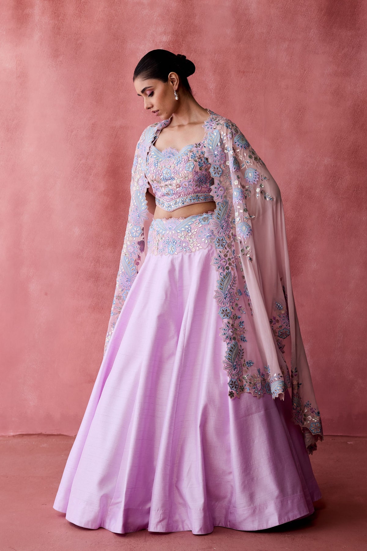 Pink Floral Cape Lehenga Set