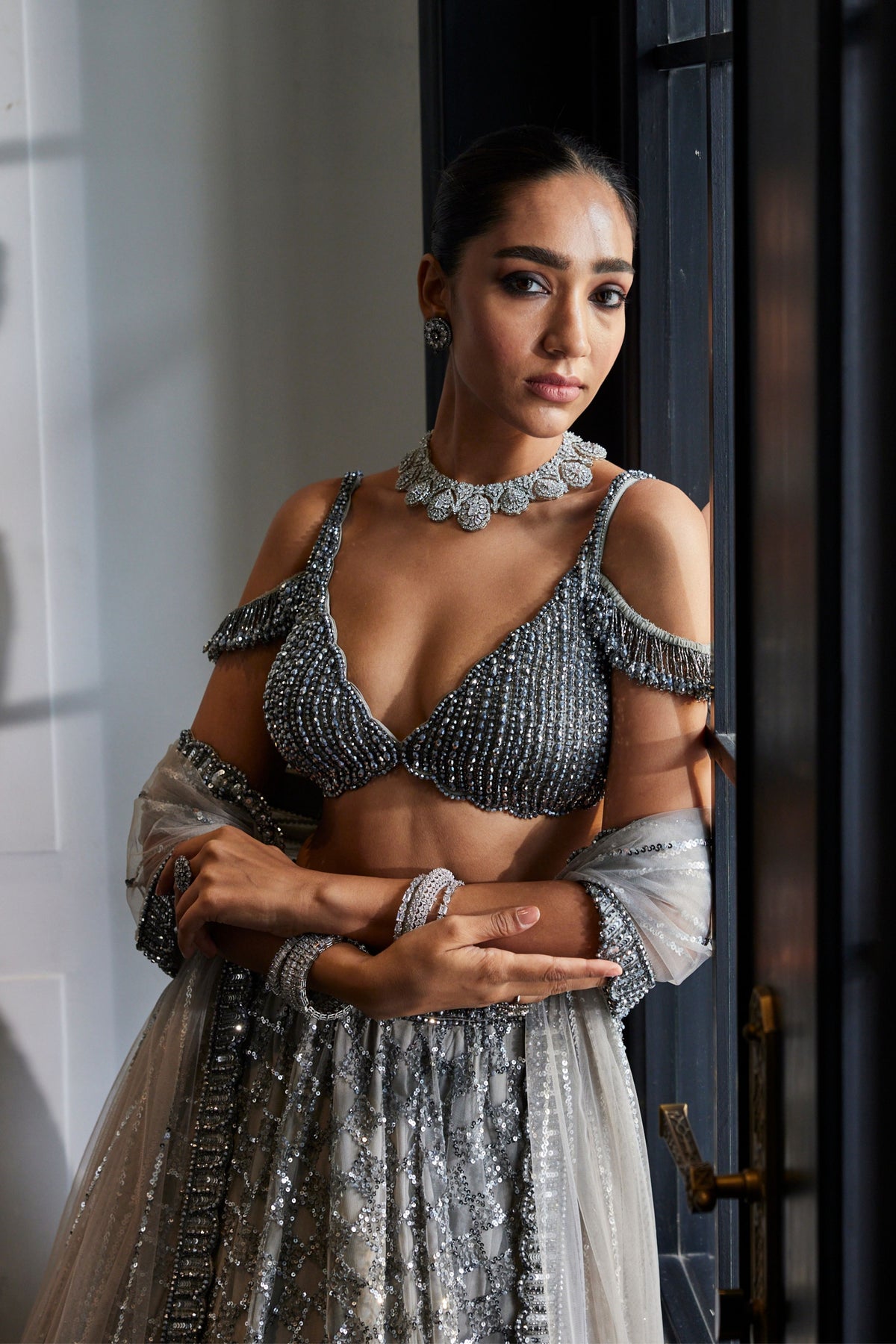 Crystal Grey Embroidered Lehenga Set