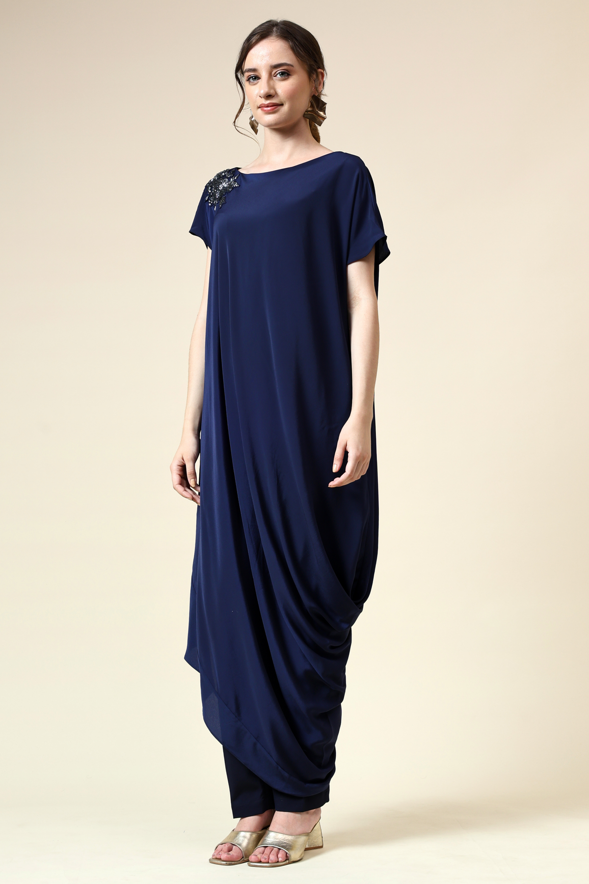 Navy Draped Tunic With Crystal Embellishment