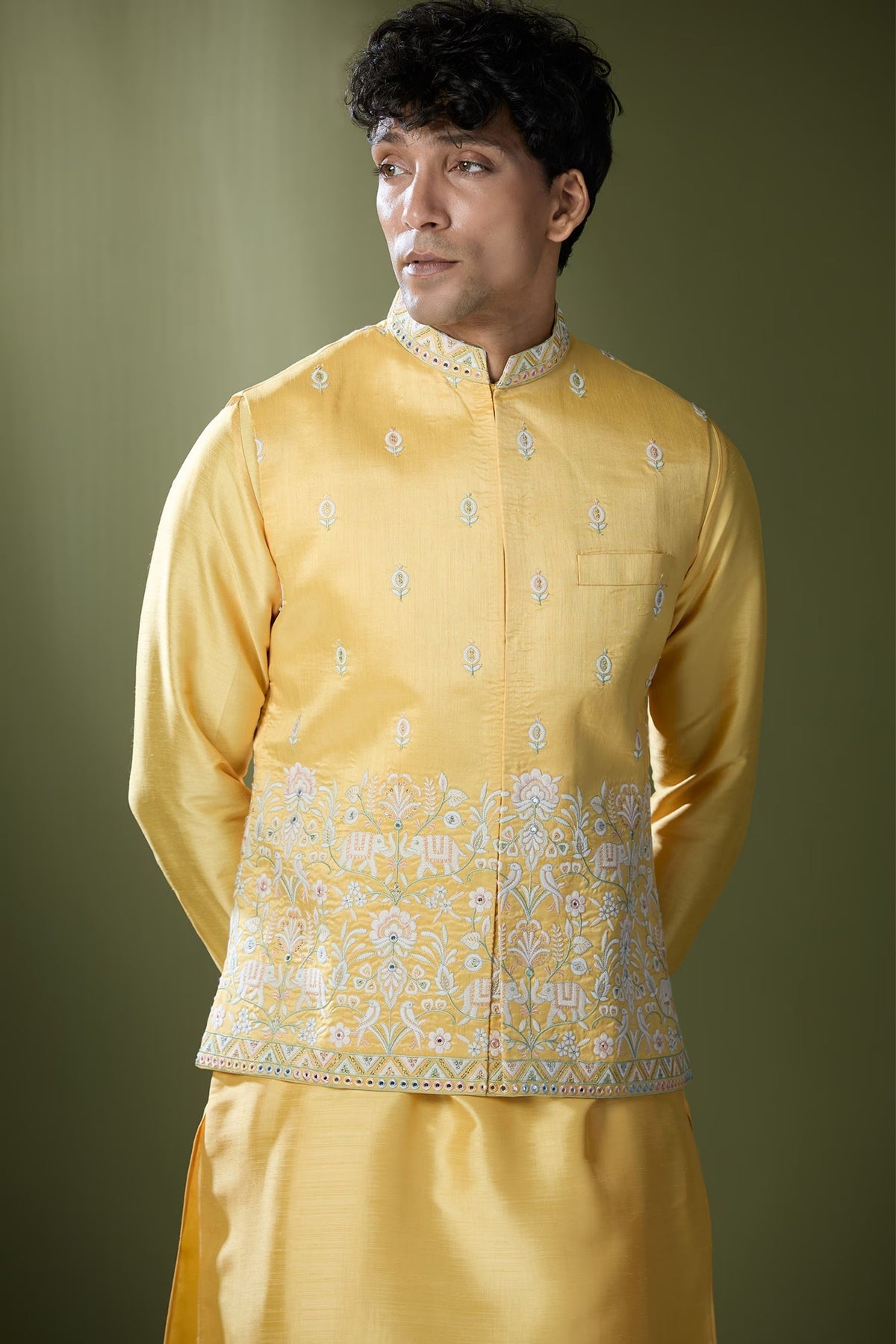 Yellow Embroidered Nehru Jacket Set