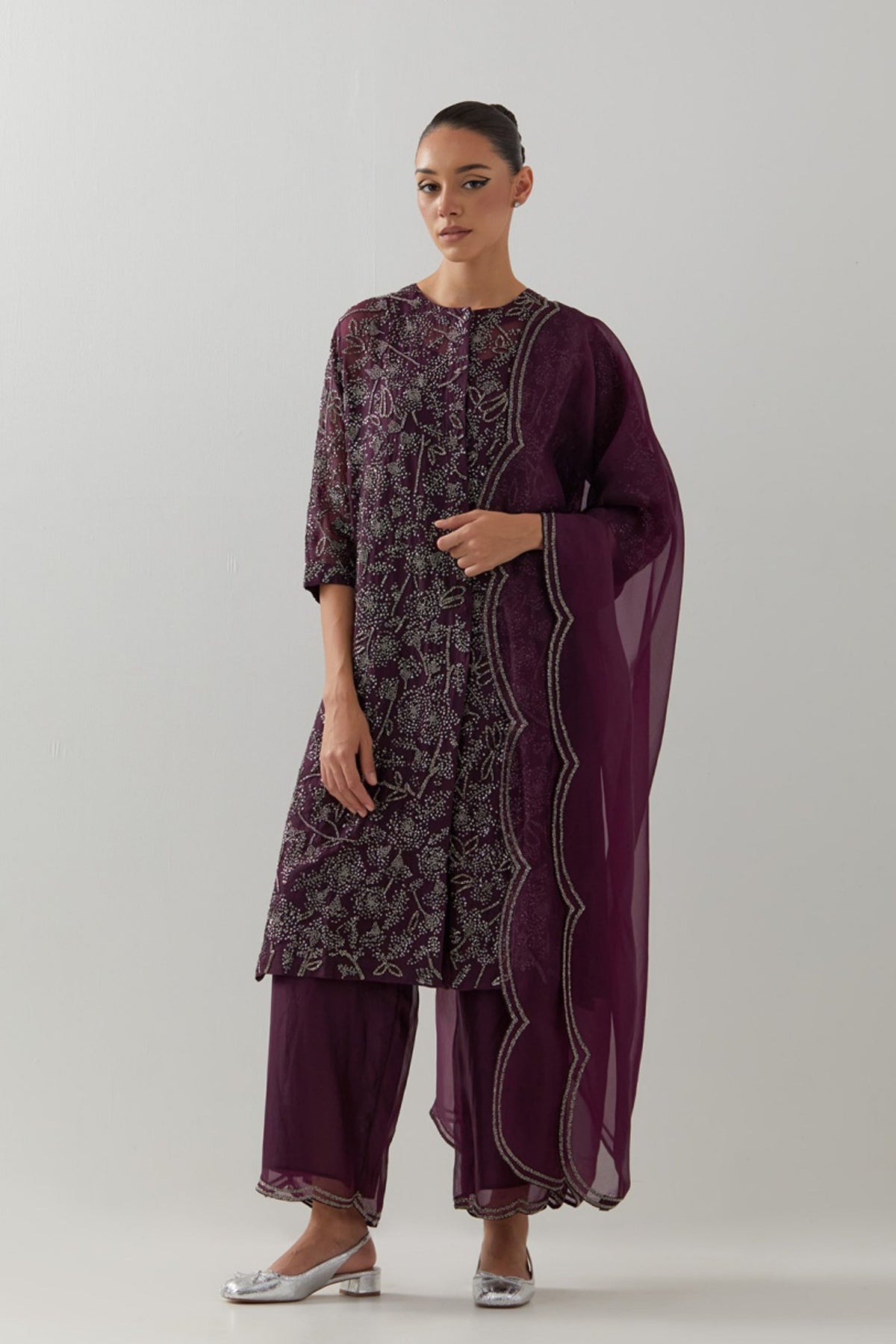 Wine Organza Kurta Set