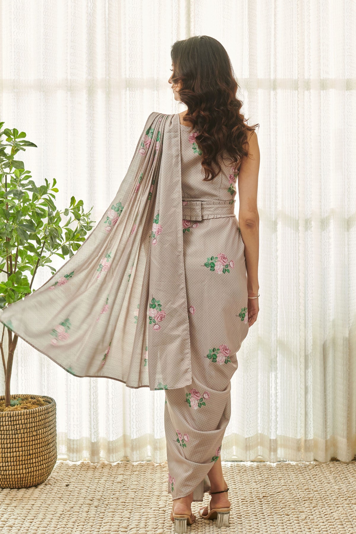 Brown Polka Dot Drape Saree