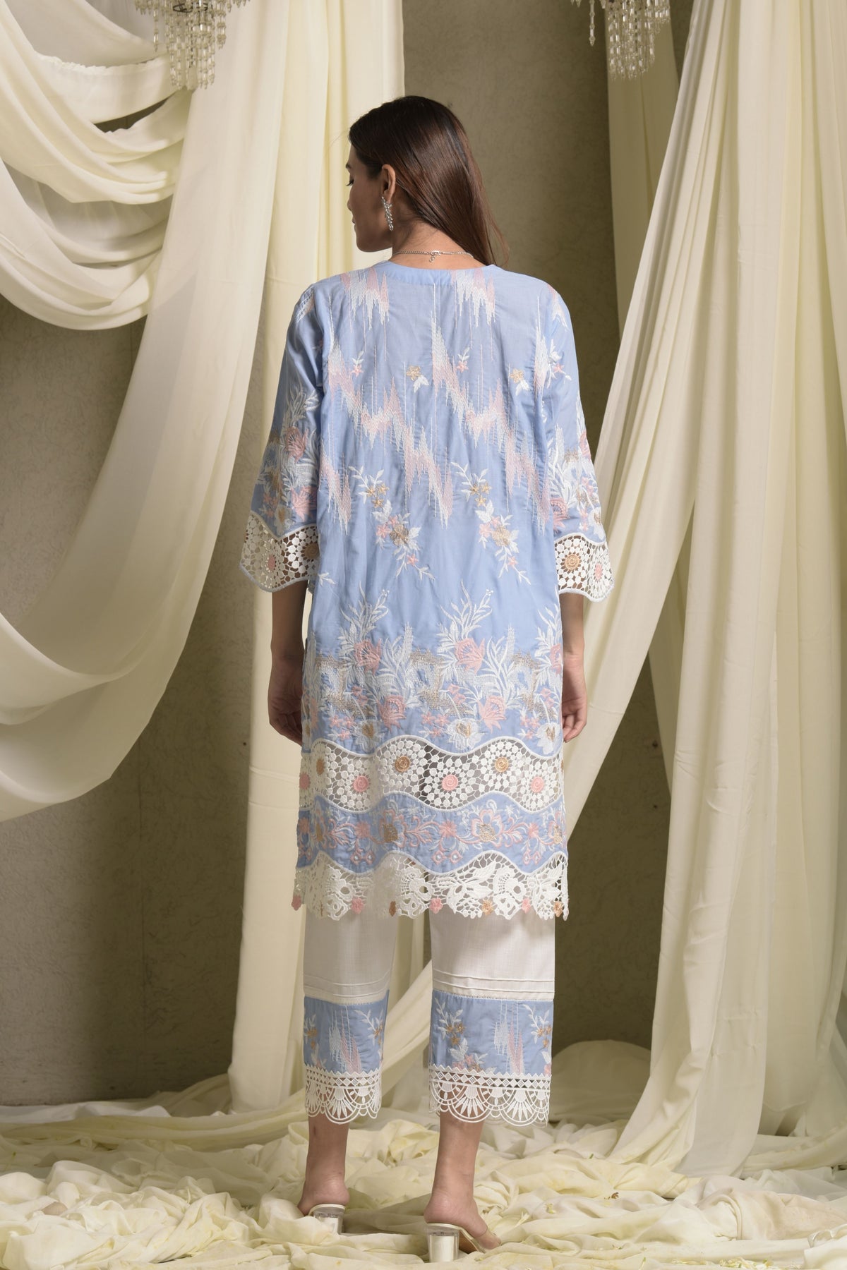 Myra Mesh Floral Lace Blue Daffodil Kurta Set