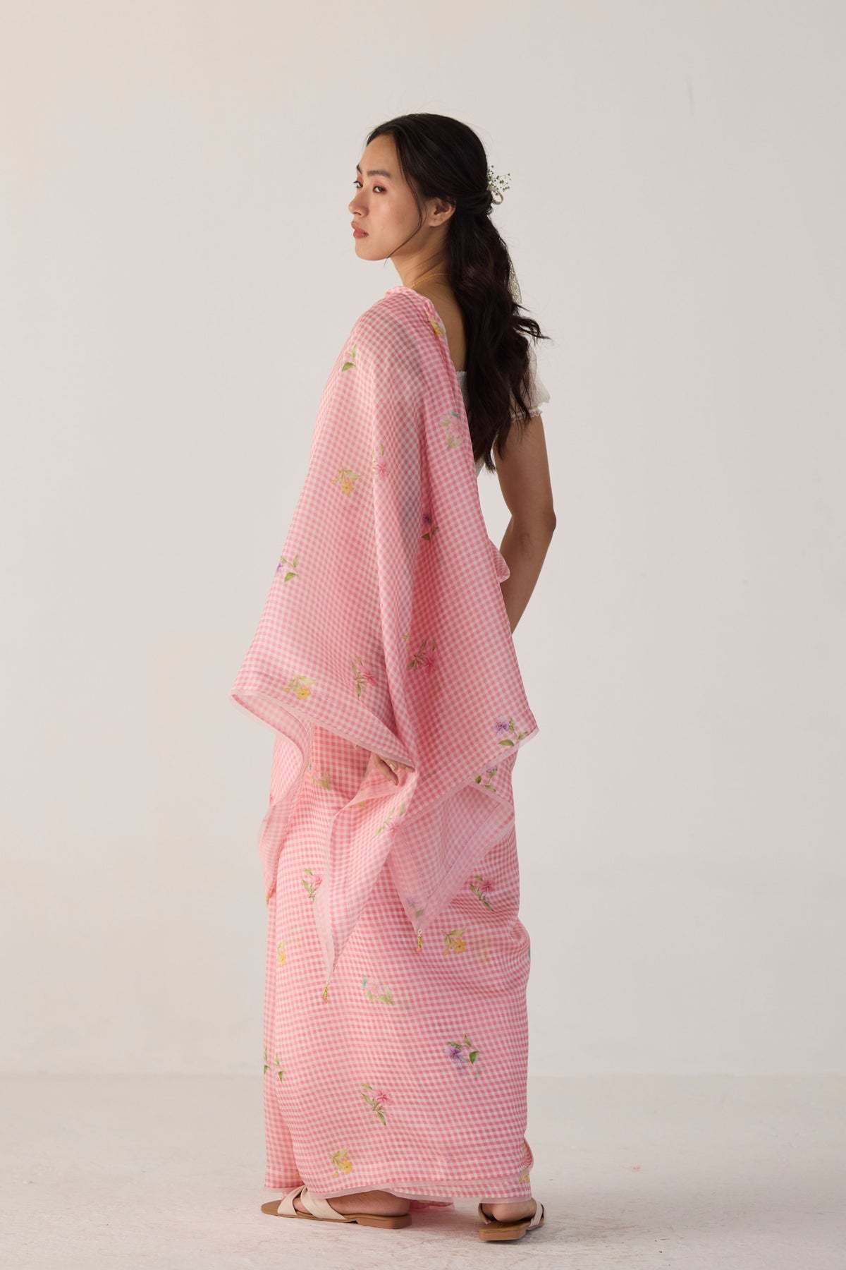 Pink Serene Meadow Mulberry Organza Silk Sari