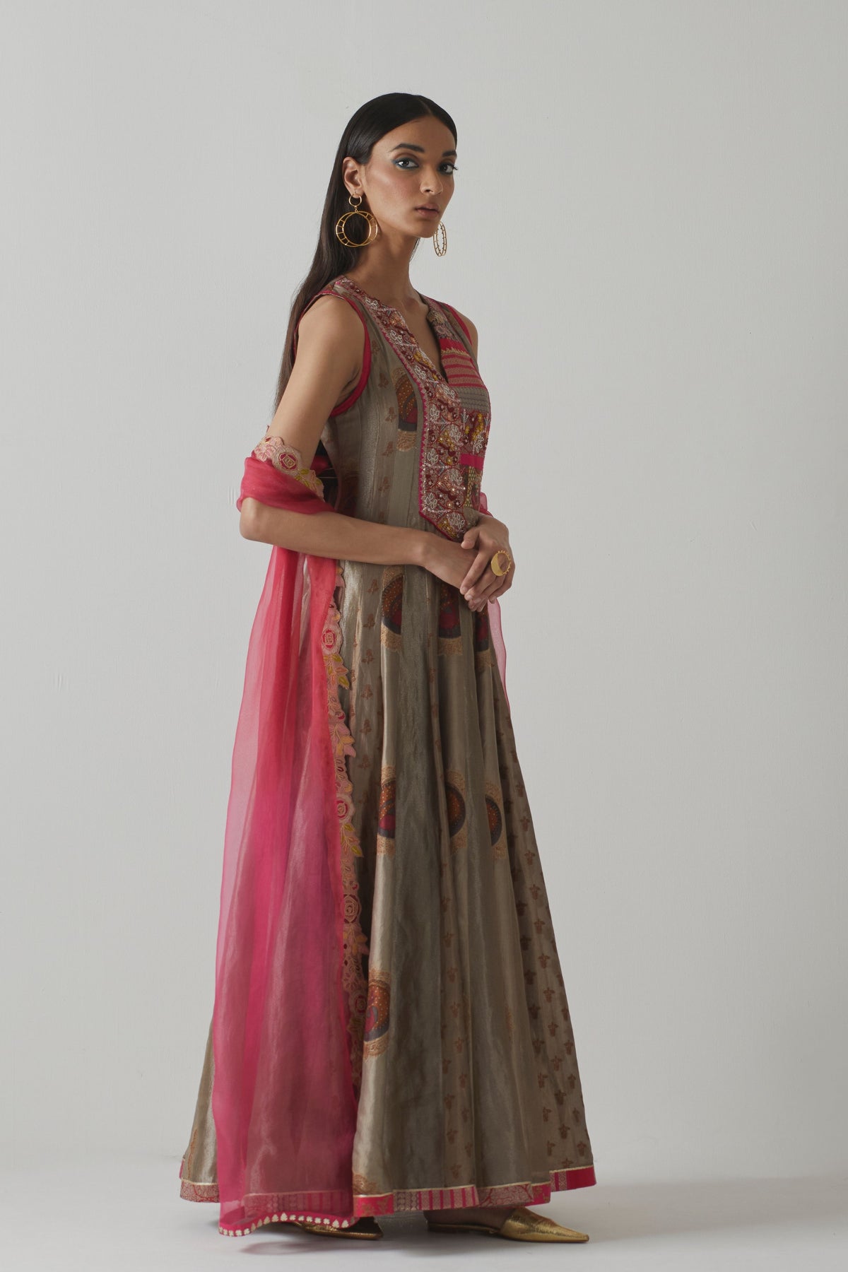 Grey &amp; Fuchsia Anarkali Set