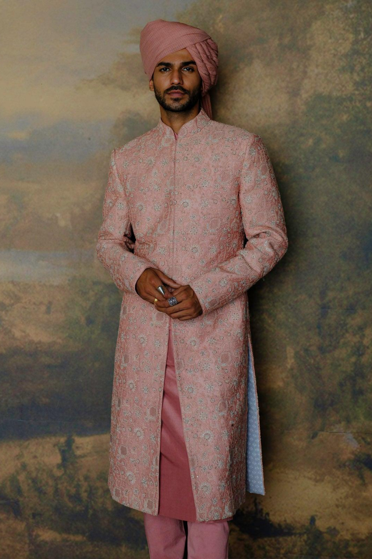 Peach Sherwani Set With Pagdi