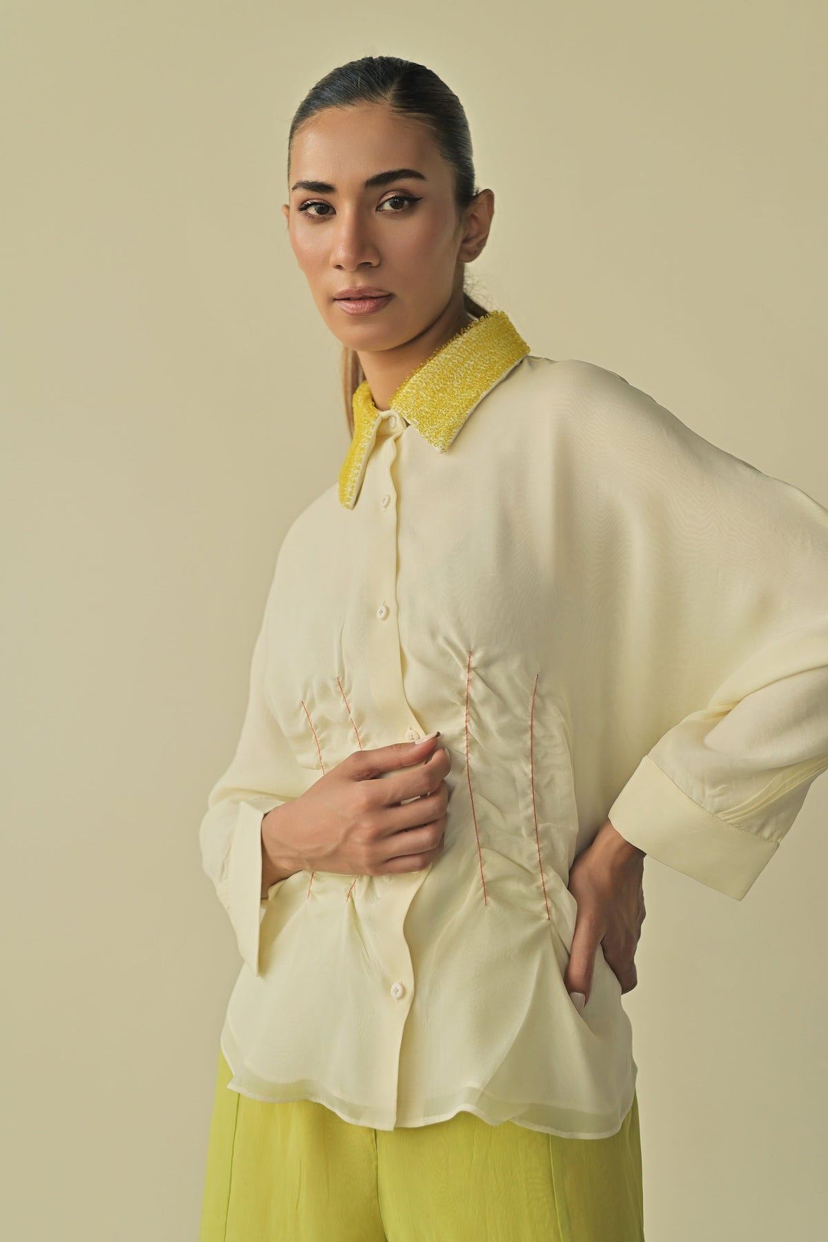 Scrunched Waist Loop Collar Shirt