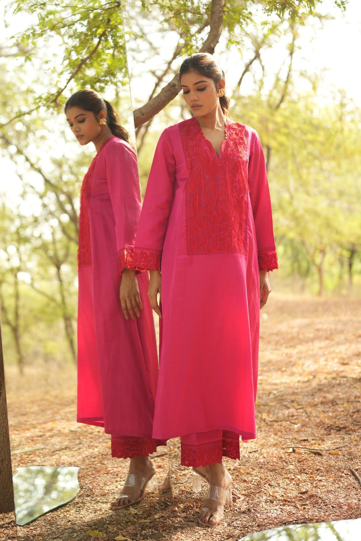 Pink Embroidered Kurta With Pants