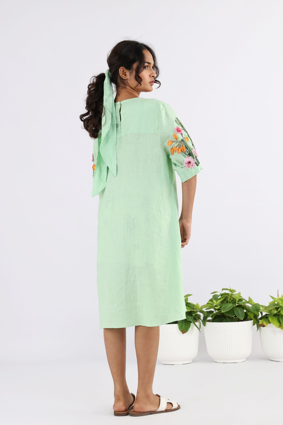 Pale Green Plumeria Embroidered Dress