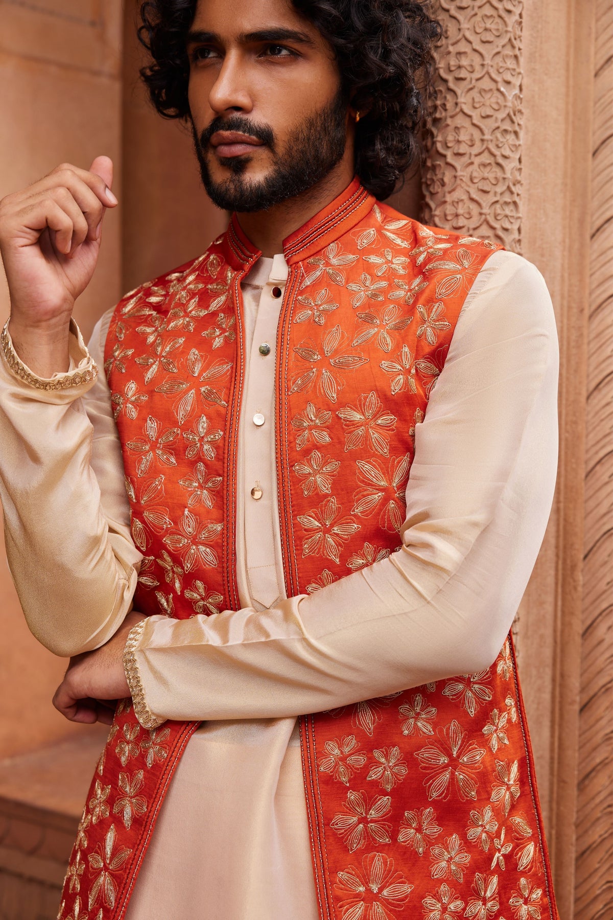 Rust Floral Silk Nehru Jacket Set