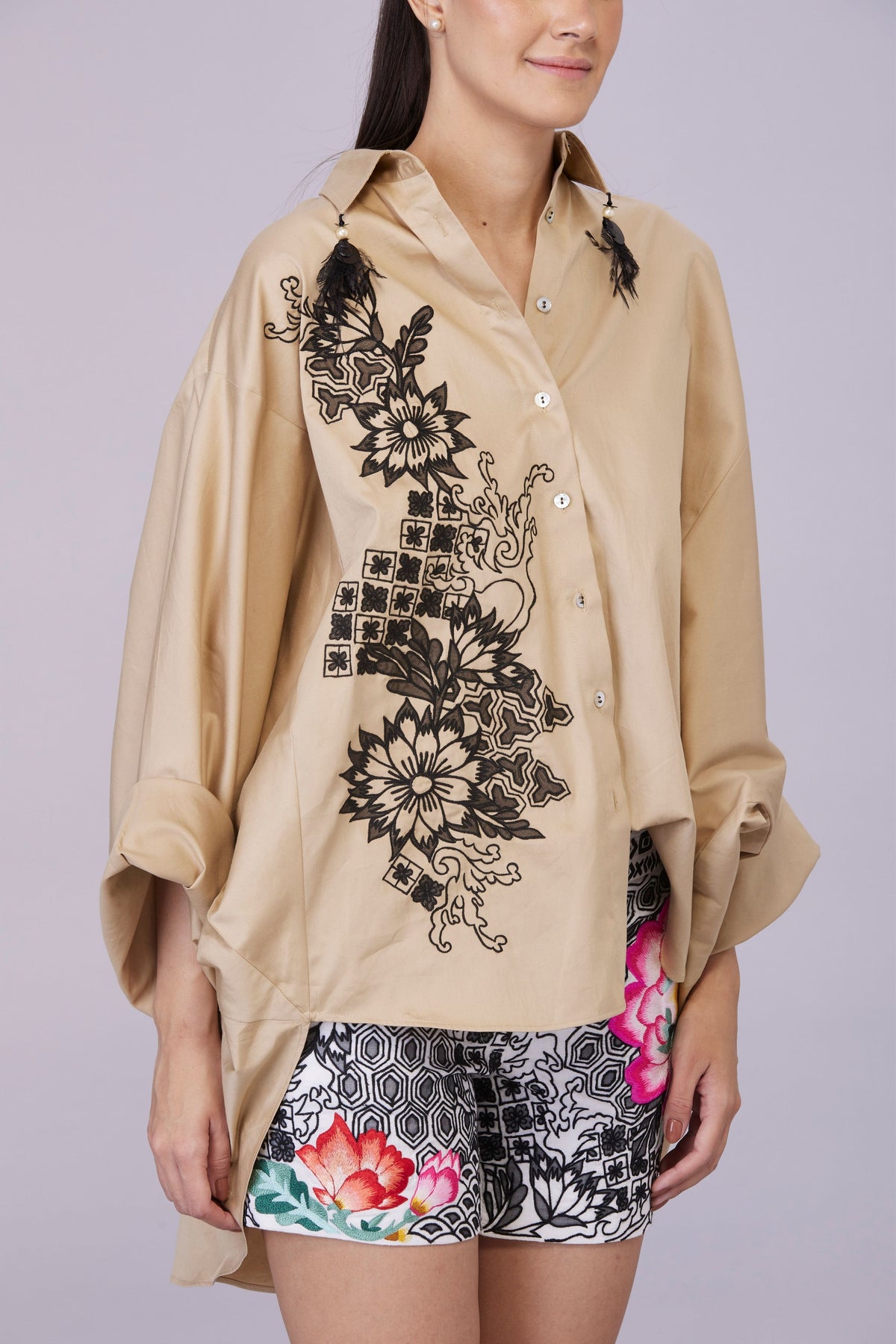 Khaki Batwing Embroidery Shirt