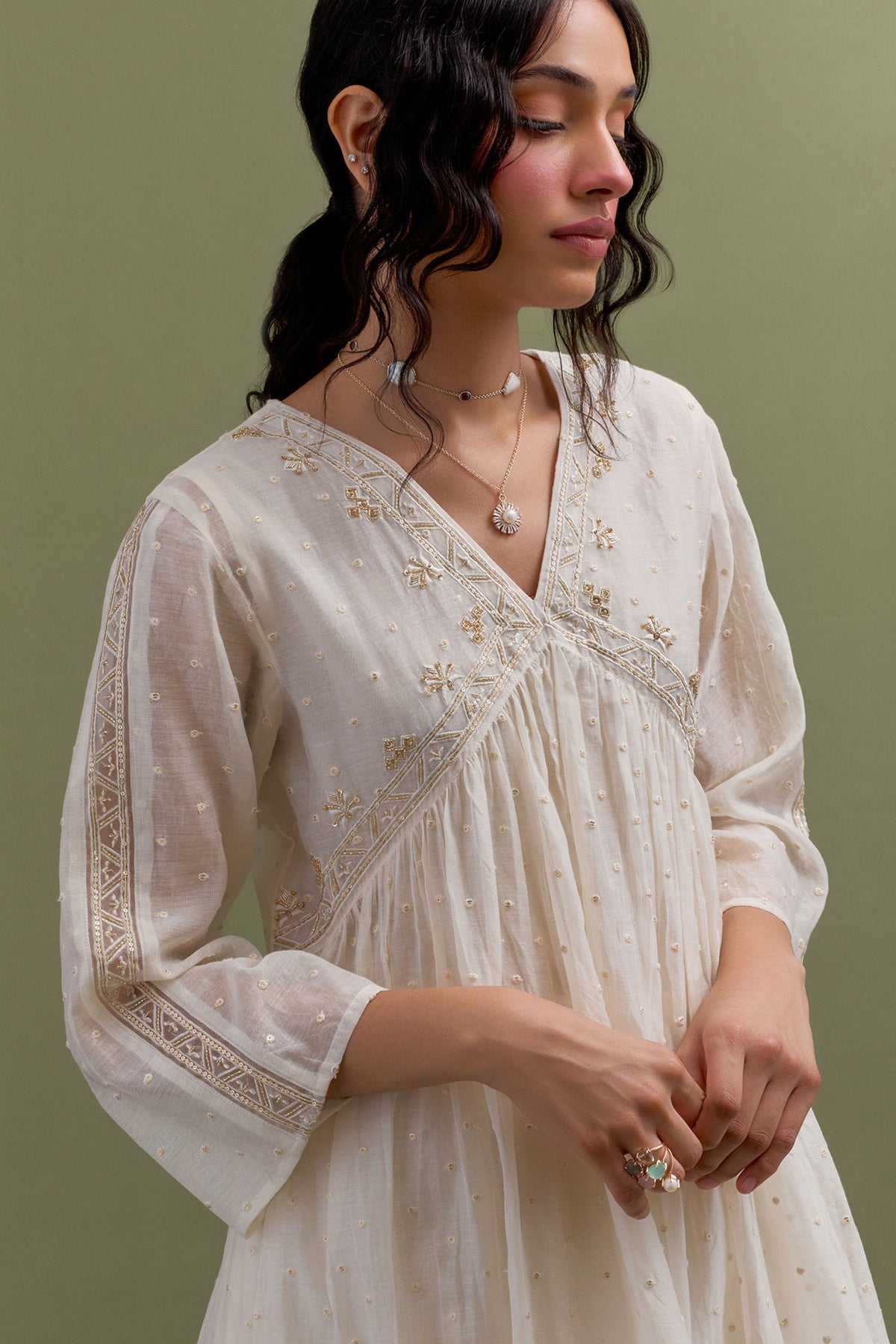 Ivory Embroidered Gather Kurta Set