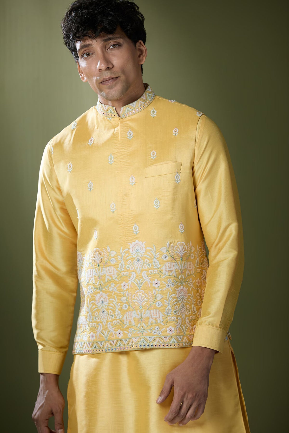 Yellow Embroidered Nehru Jacket Set