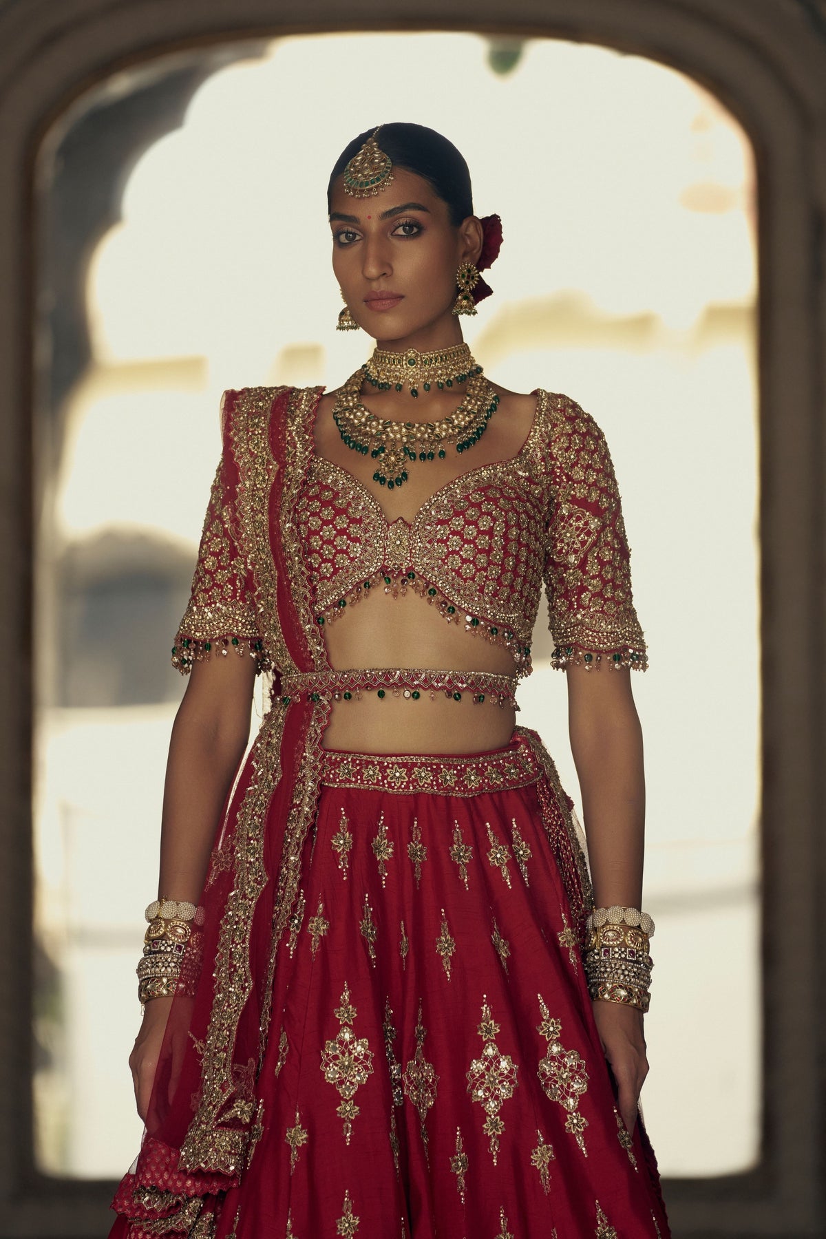 Red Antique Kasab Lehenga Set