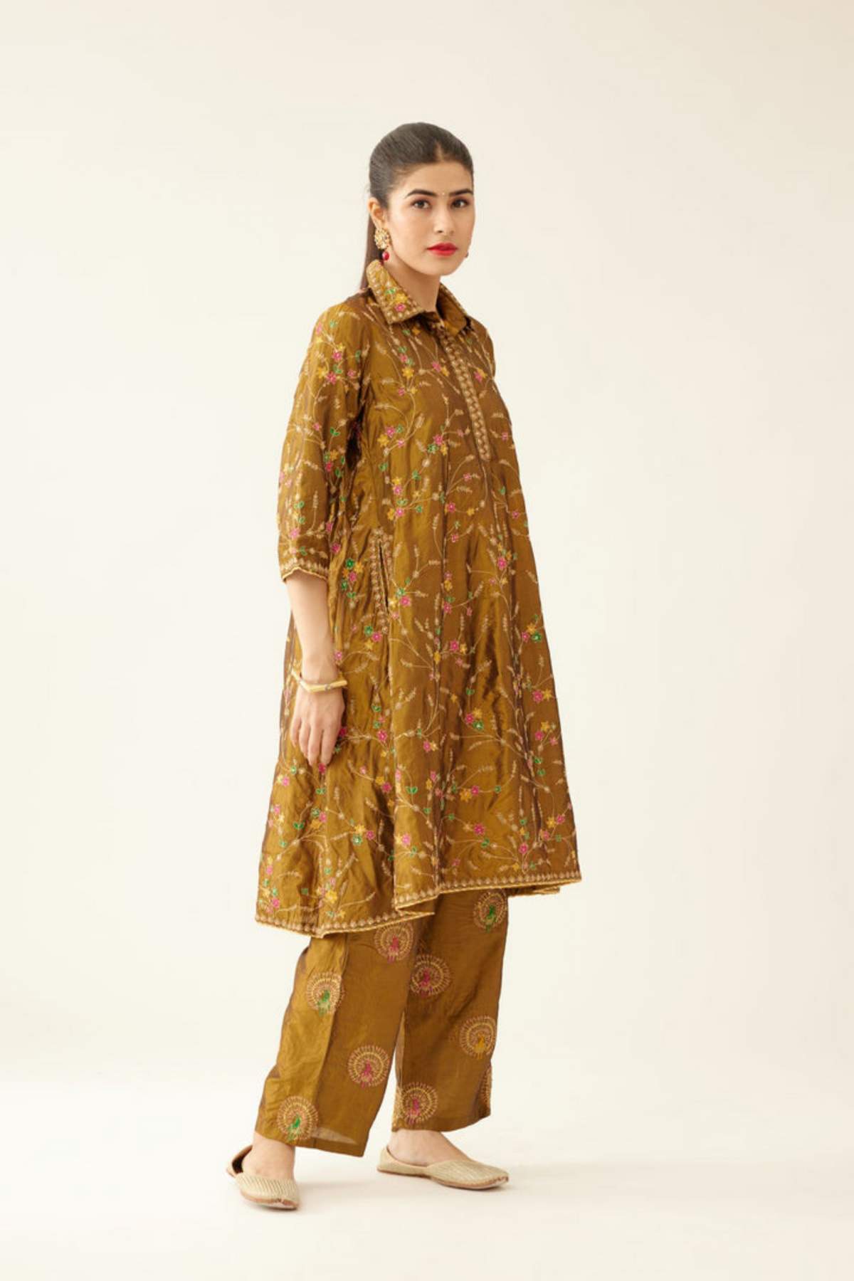 Golden Olive A-line Short Silk Kurta Set