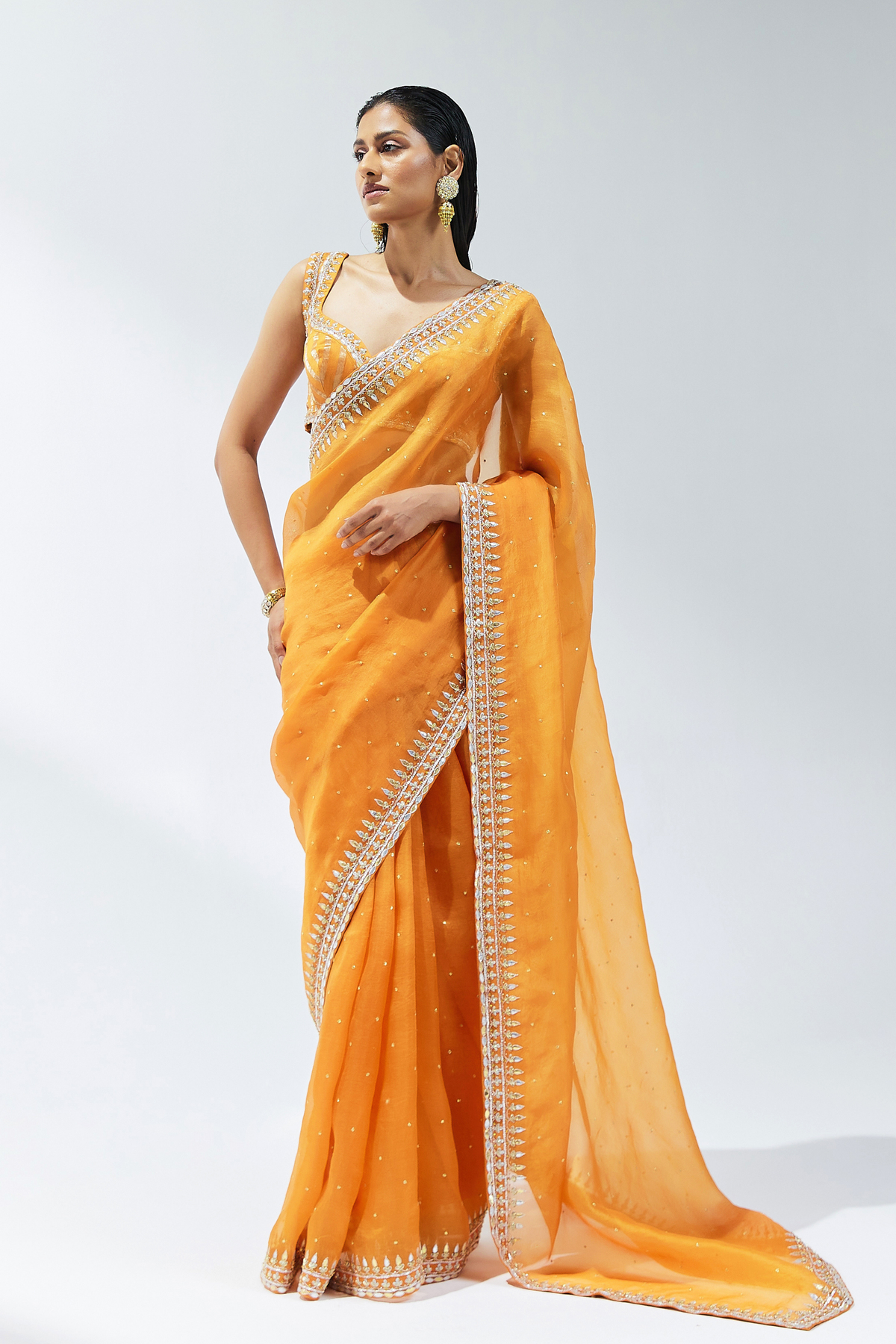 Burnt Orange Embroidered Saree Set