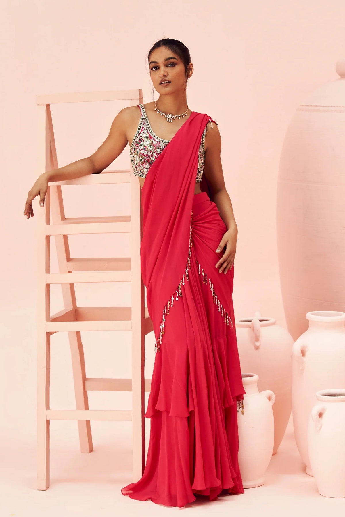 Fuchsia Embroidered Draped Saree